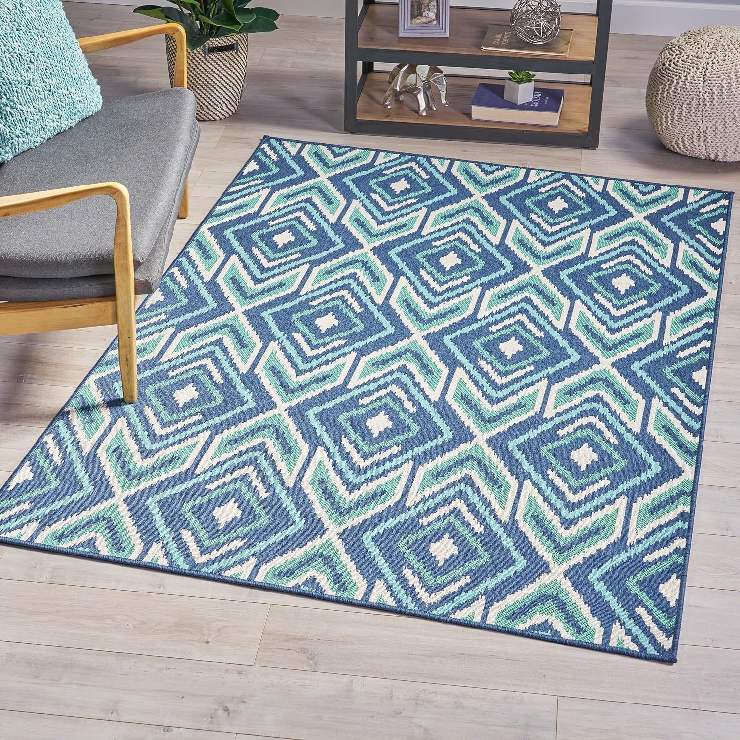 Navy and Green Geometric Rectangular Area Rug