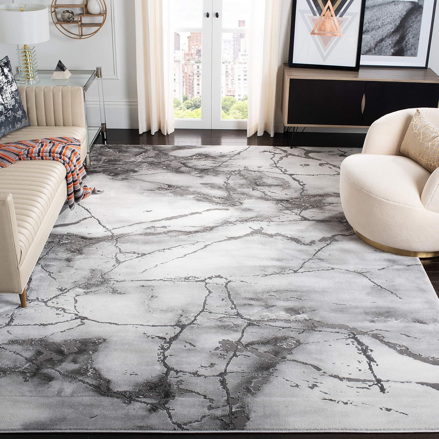 Gray and Silver Abstract Hand-Knotted Area Rug