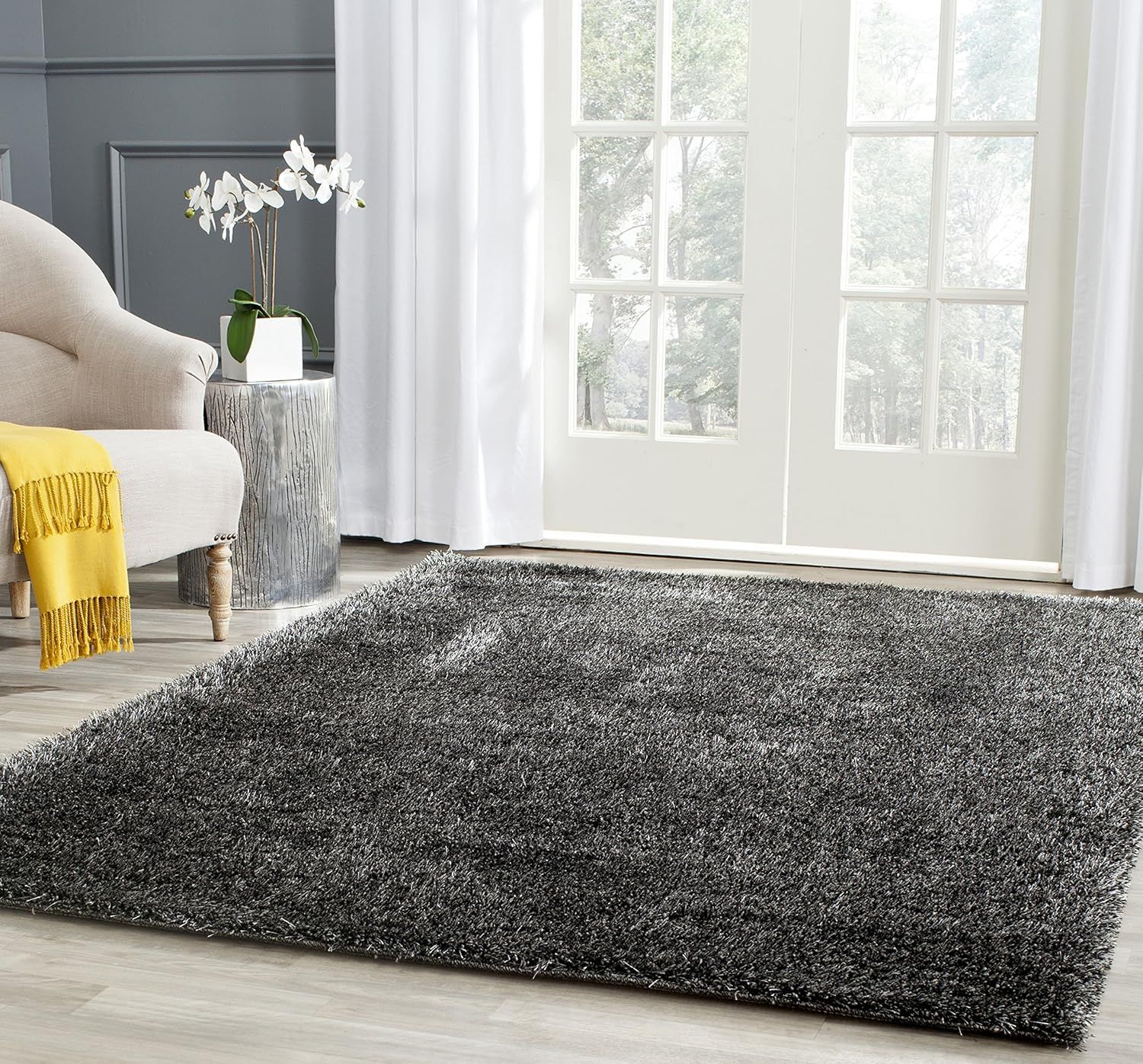 Brown Rectangular Shag Wool and Synthetic Rug