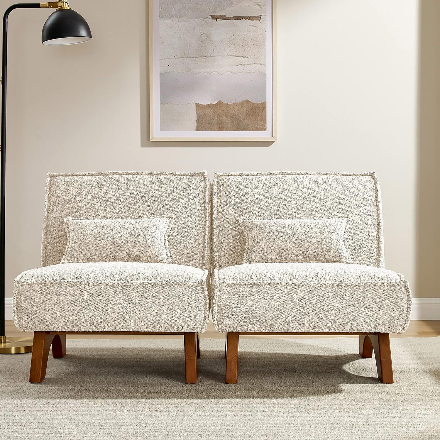 Off-White Sherpa Fabric Armless Modular Sofa with Wooden Legs, Set of 2