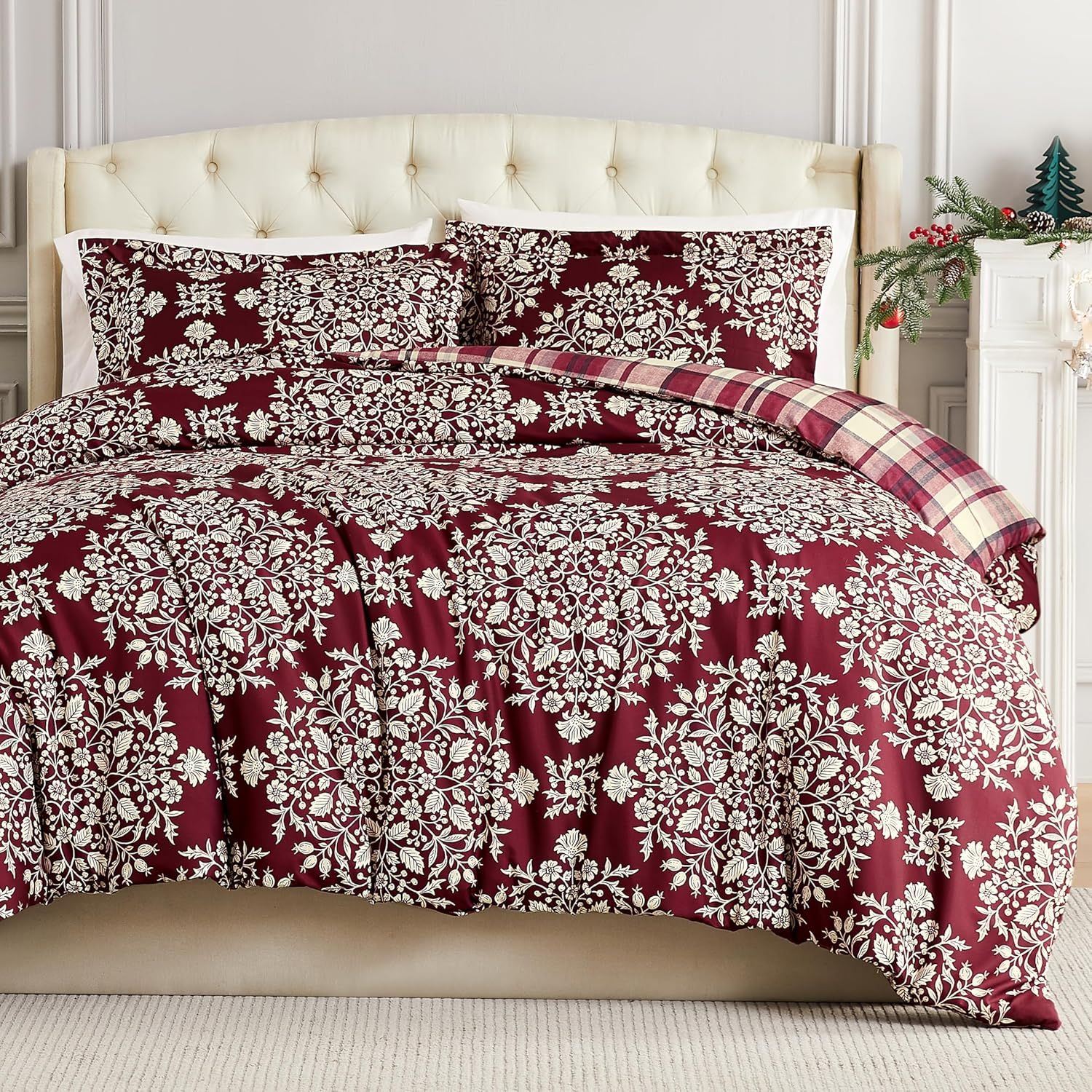 Holly and Red Plaid Reversible King/Cal King Duvet Cover Set