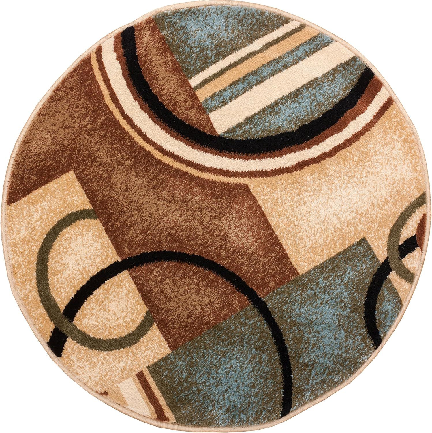 Light Blue and Beige Round Geometric Synthetic Area Rug