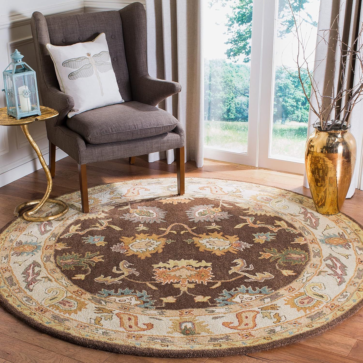 Handmade Tufted Wool Round Area Rug in Brown/Ivory, 6'