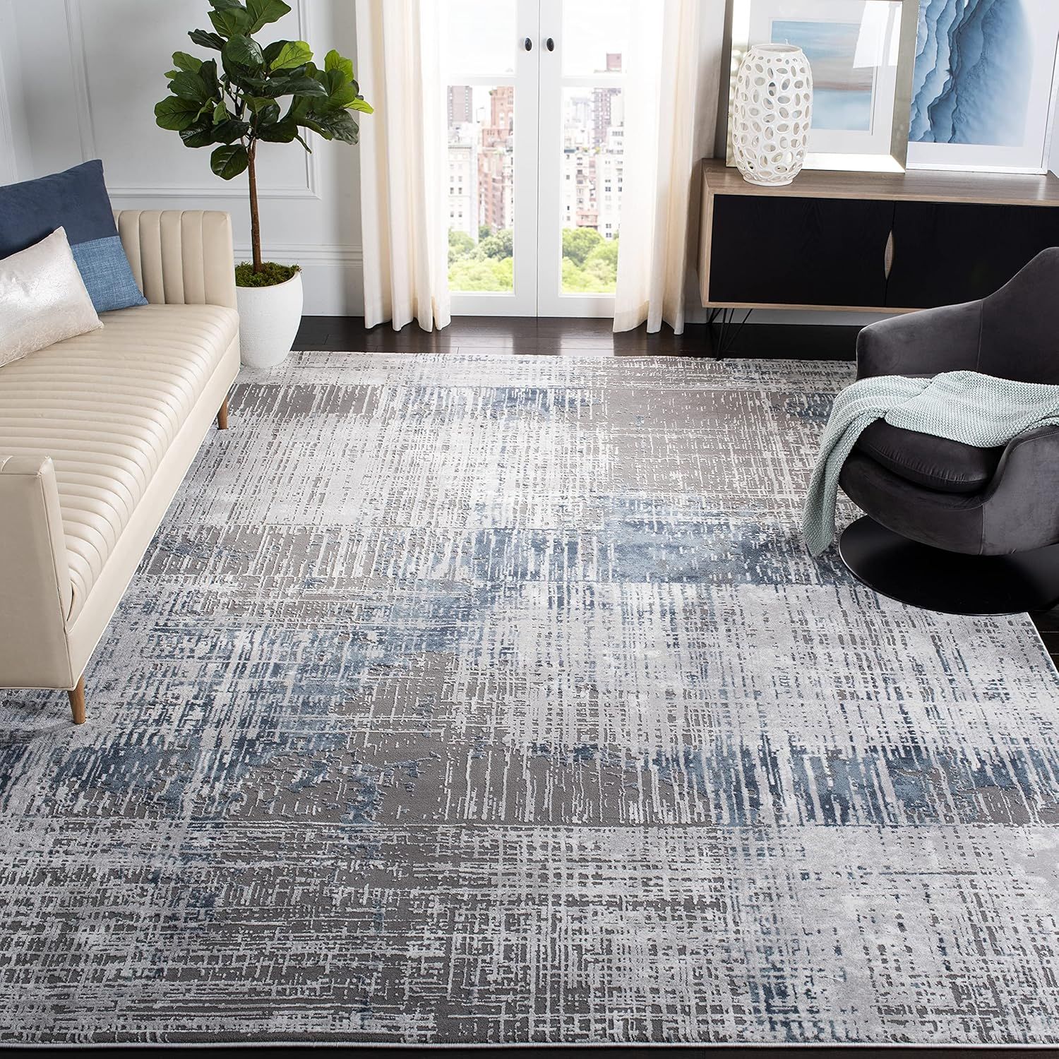 Modern Abstract Grey/Blue Synthetic Area Rug 6'7" x 9'