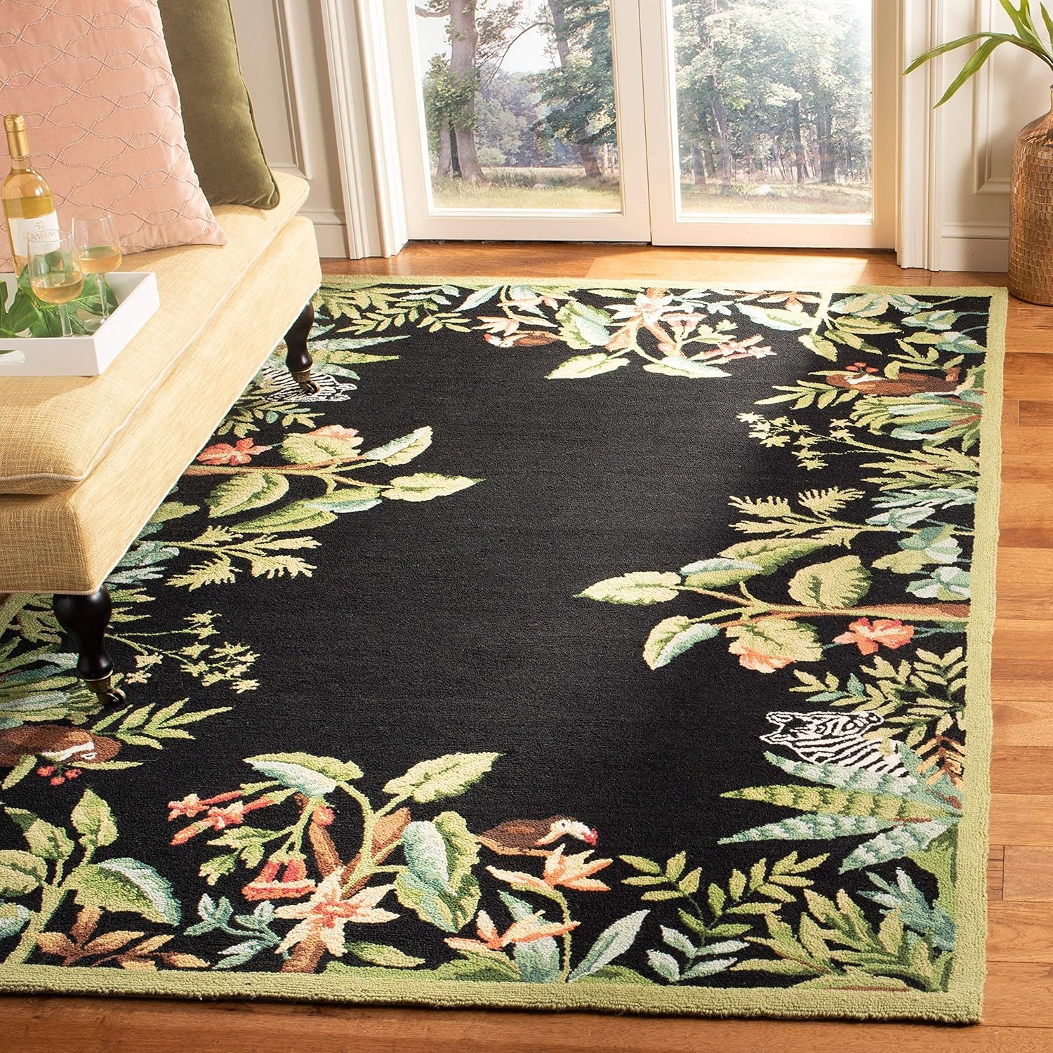 Handmade Rectangular Black/Green Wool Cotton 9' x 12' Rug