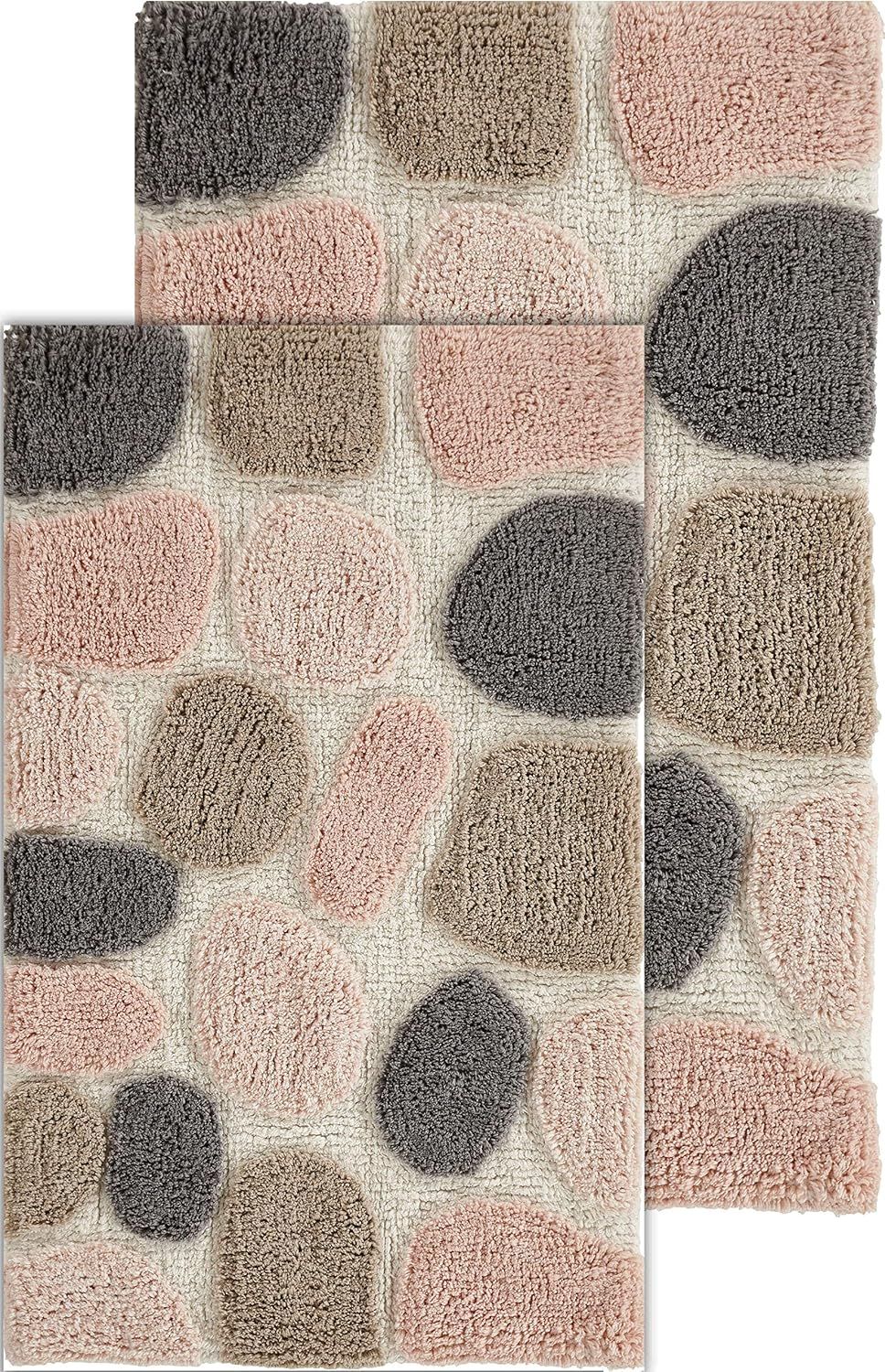 Pebble Pattern Pink and Gray Cotton Bath Mat Set