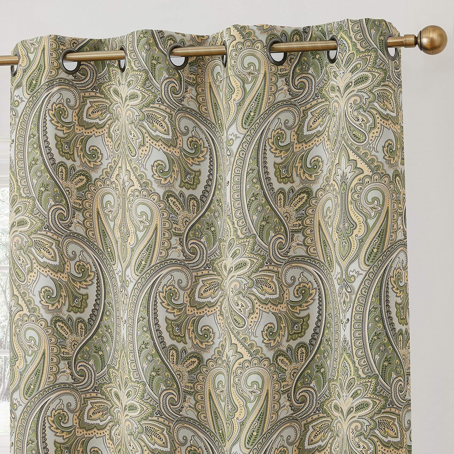 Sage Green Paisley Damask Thermal Insulated Curtain Panels