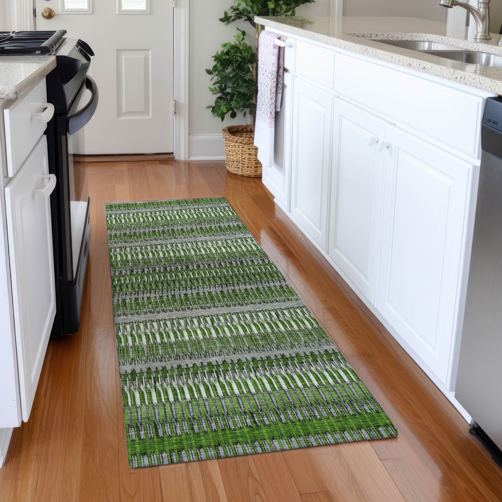 Green and Gray Flat Woven Stripe Synthetic Runner Rug