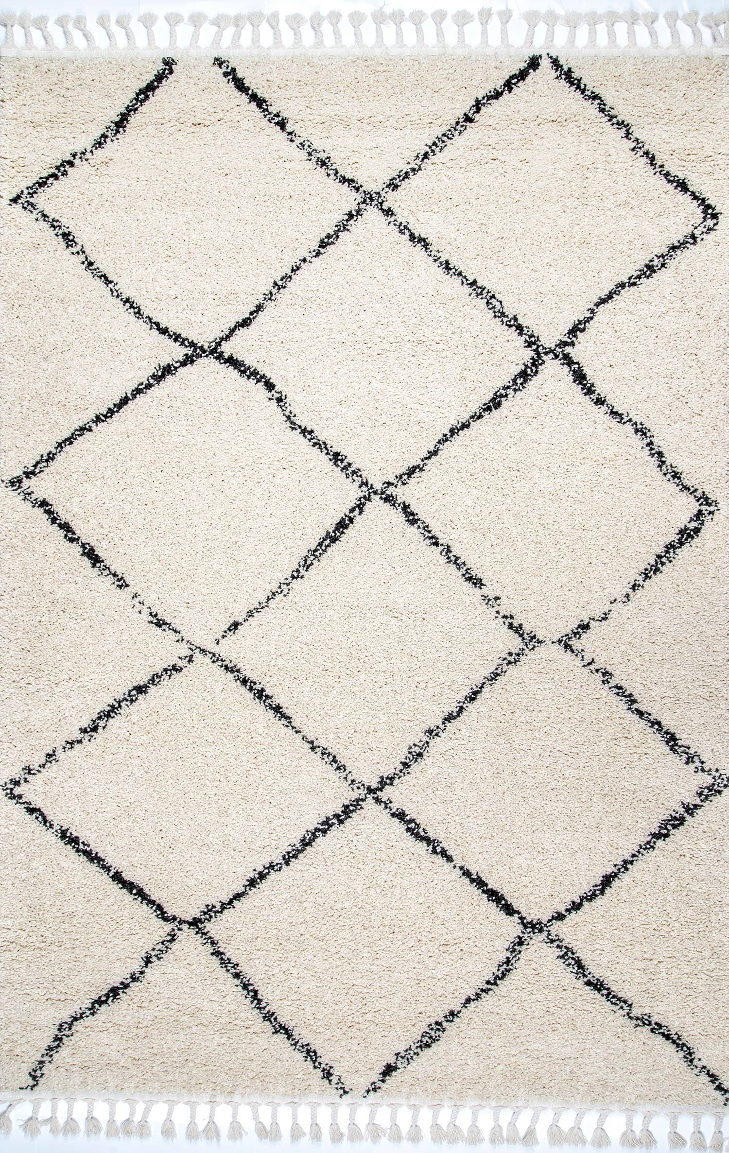 Off White Braided Square Shag Synthetic Easy Care Rug