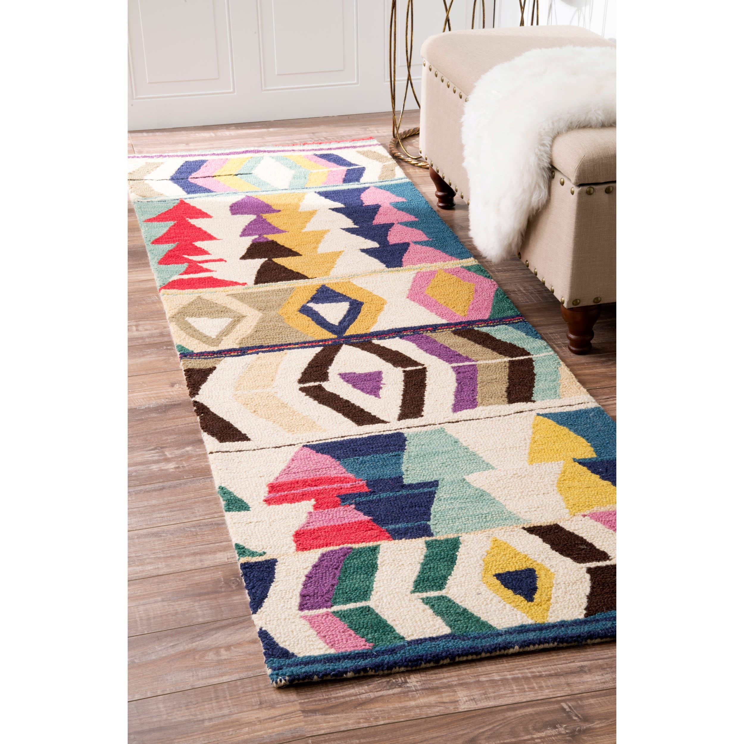 Multicolor Geometric Wool Hand-Tufted Runner Rug, 2'6" x 8'