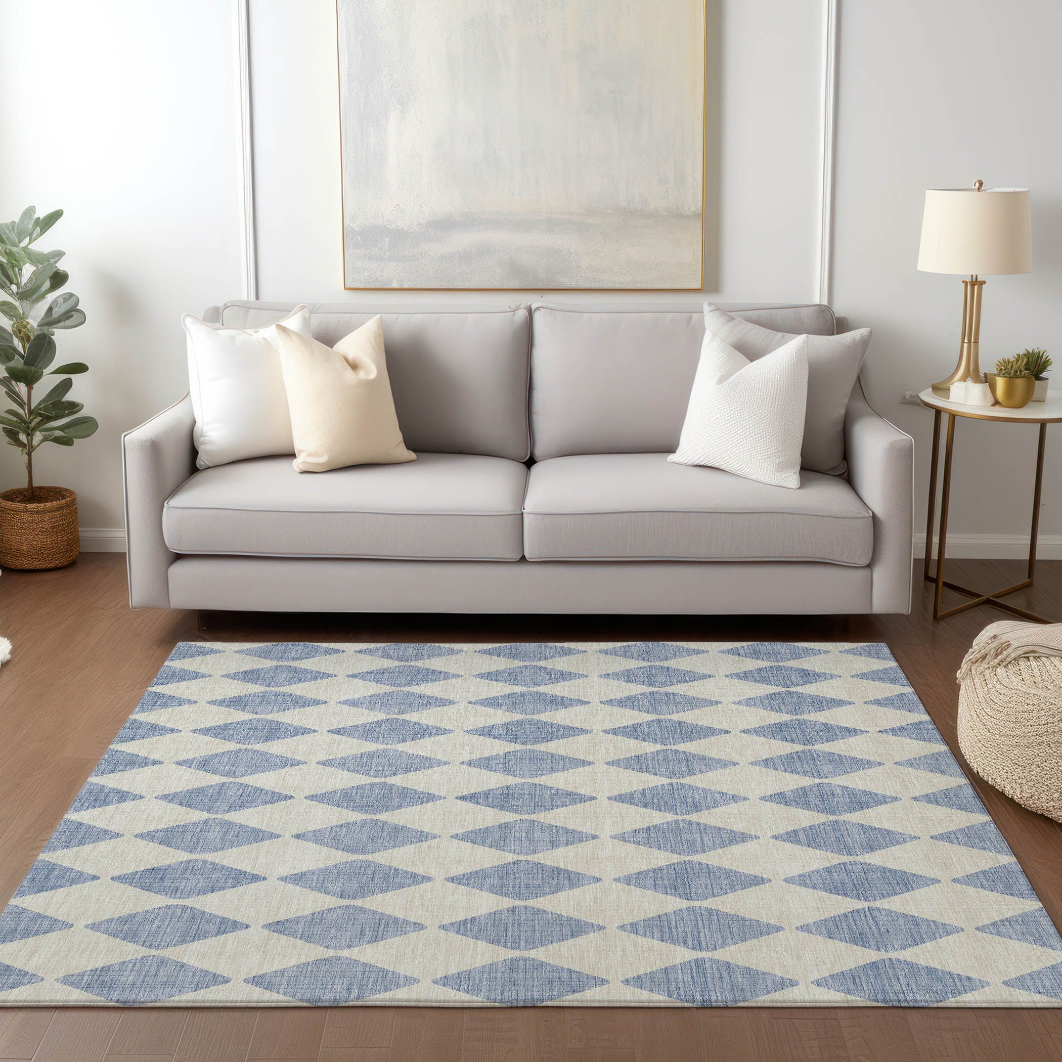 Sky Blue Diamond Pattern Washable Synthetic Rug 5' x 7'