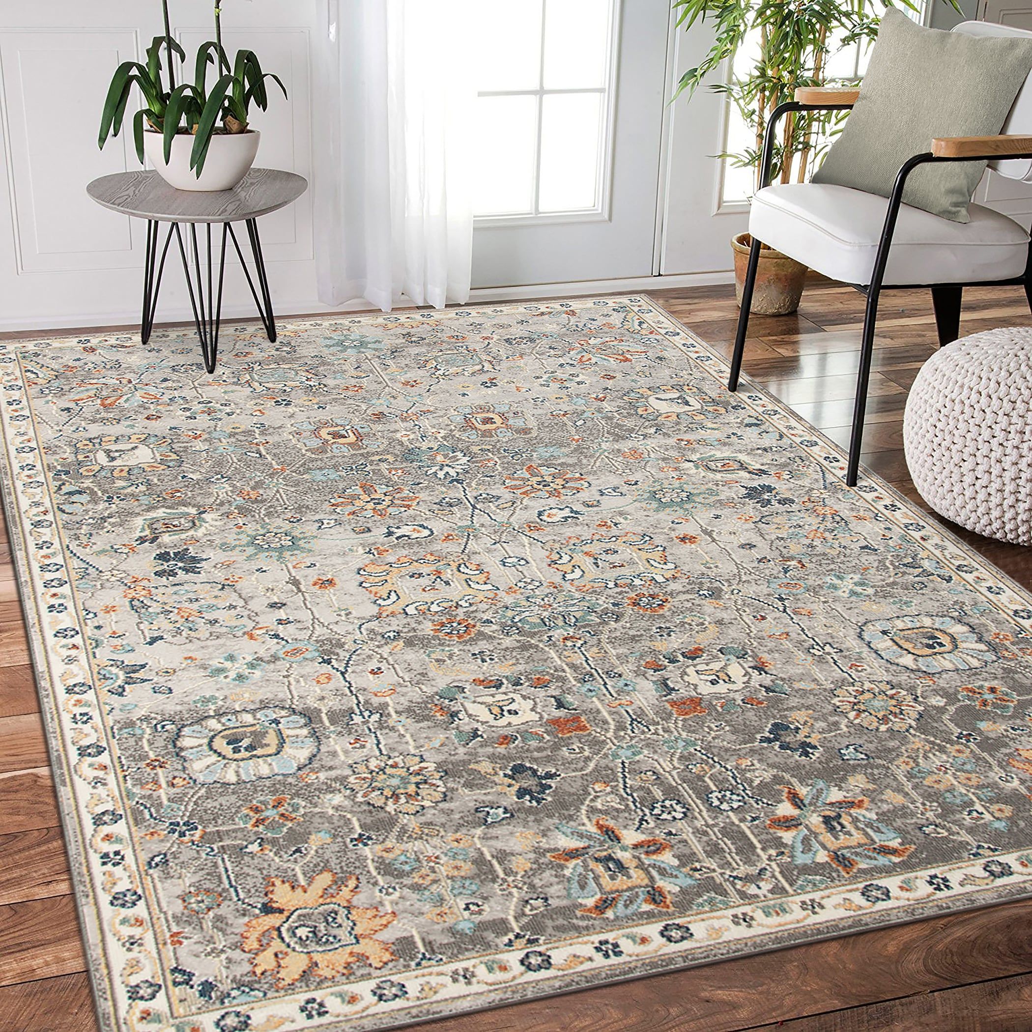 Gray Floral Symphony 5' x 7' Synthetic Stain-Resistant Rug