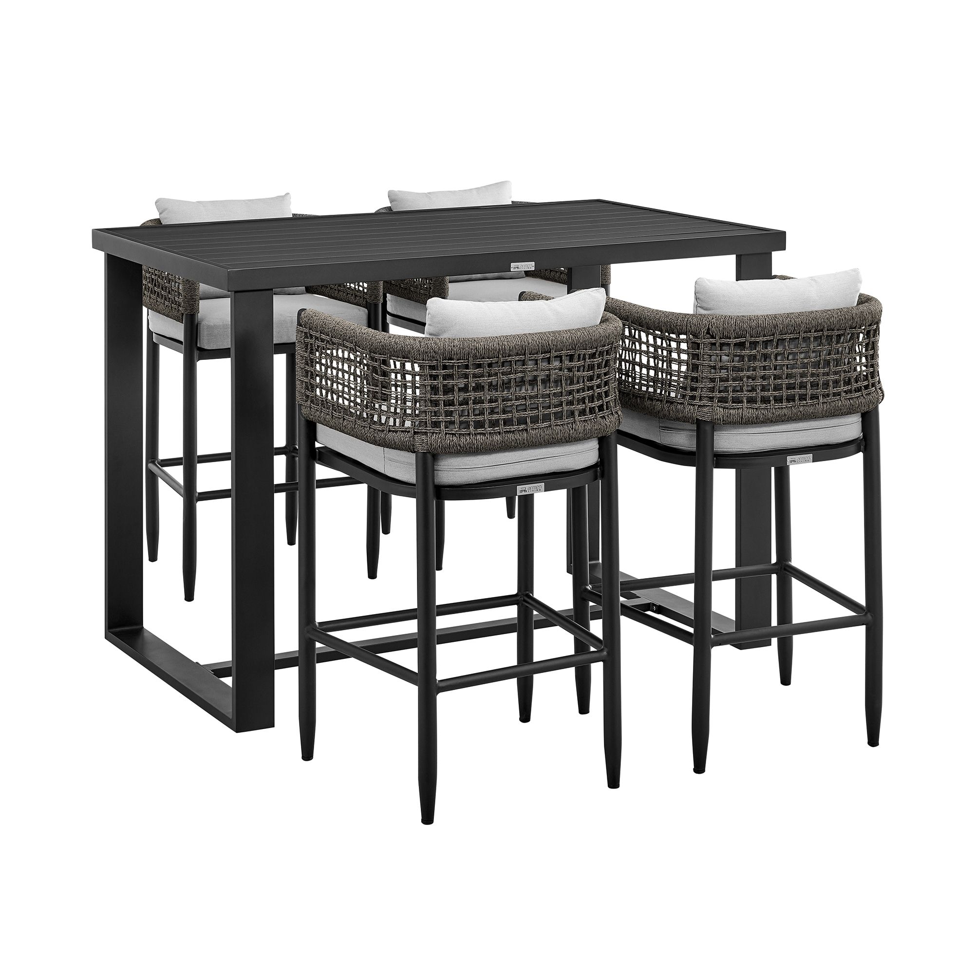 Black Aluminum and Wicker 5-Piece Bar Height Patio Dining Set with Gray Cushions