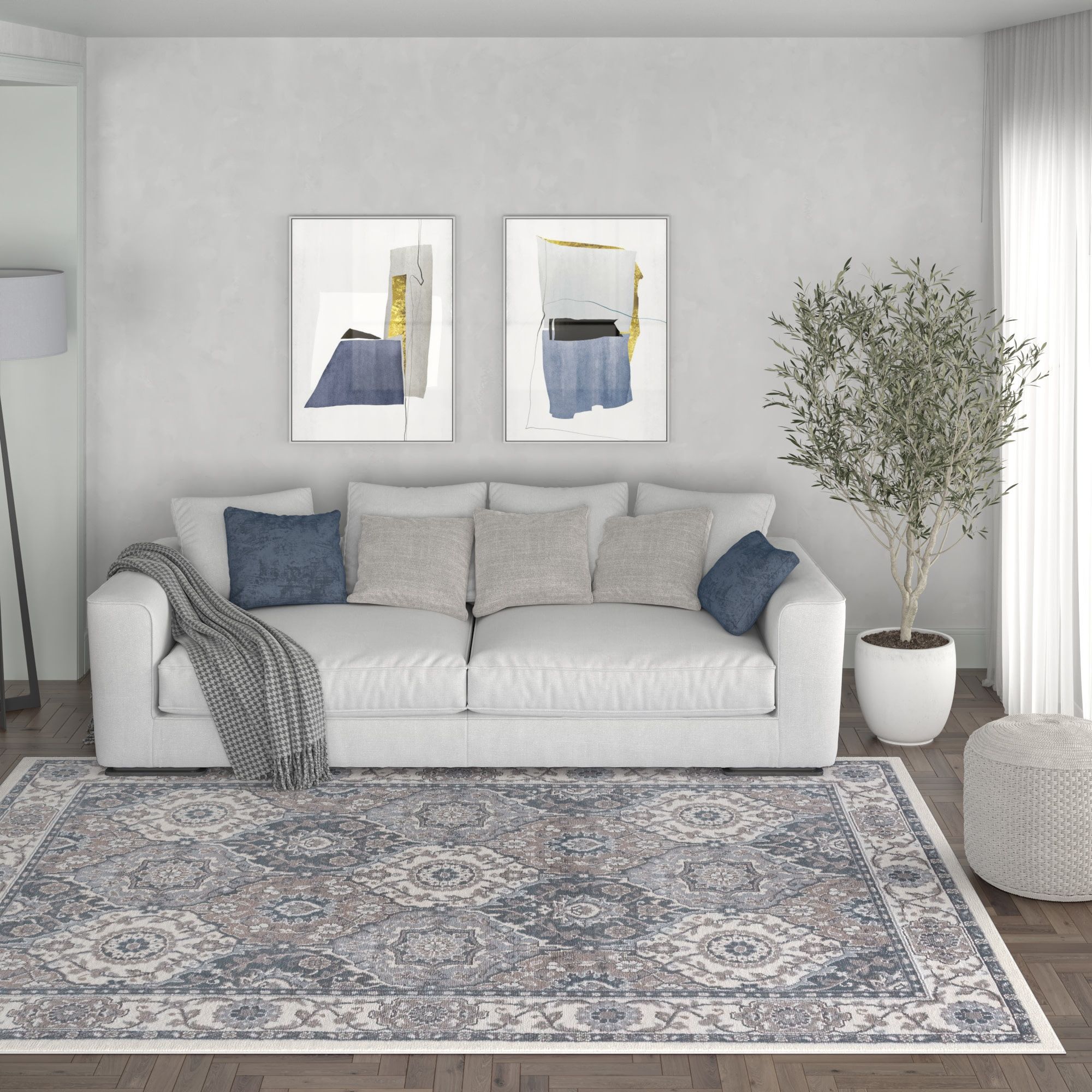 Newcomb Cream Damask 9' x 12' Easy-Care Area Rug