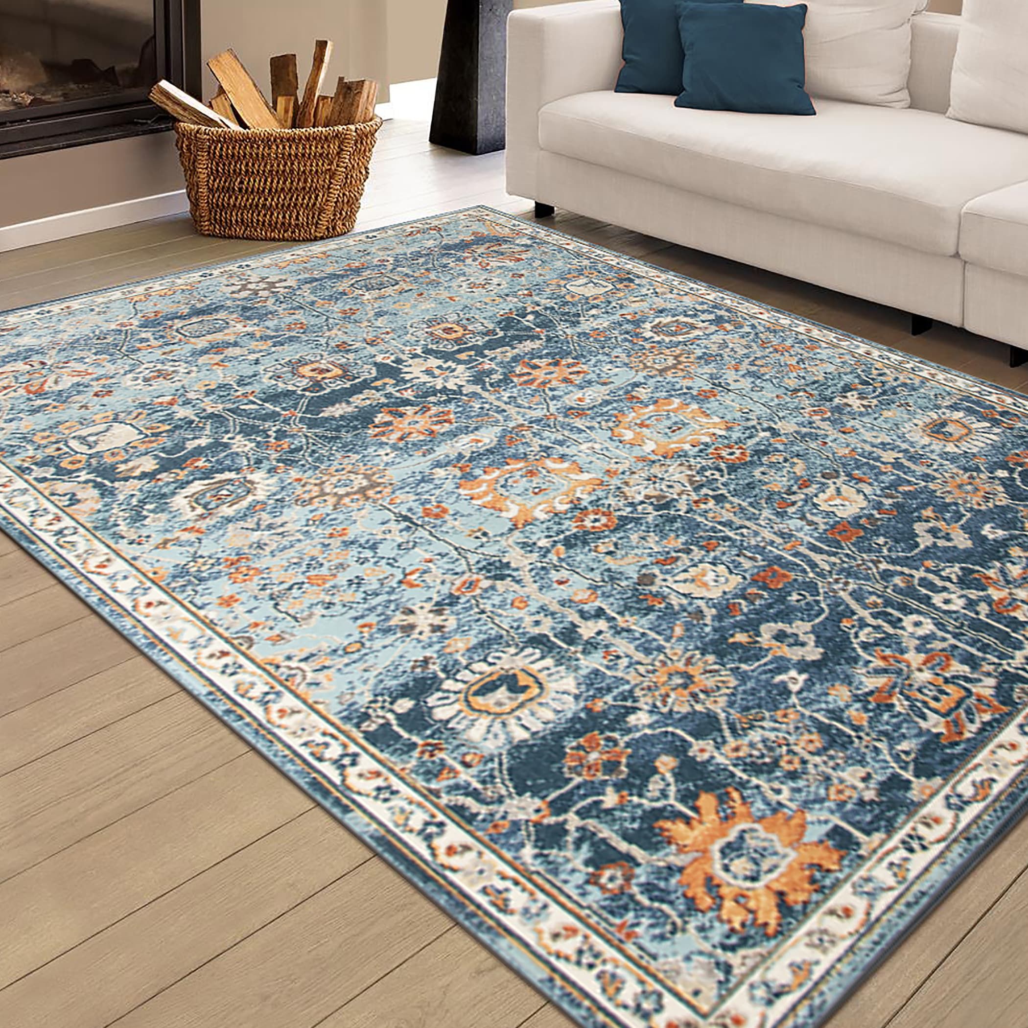 Bohemian Blue and Beige Synthetic 5' x 7' Area Rug