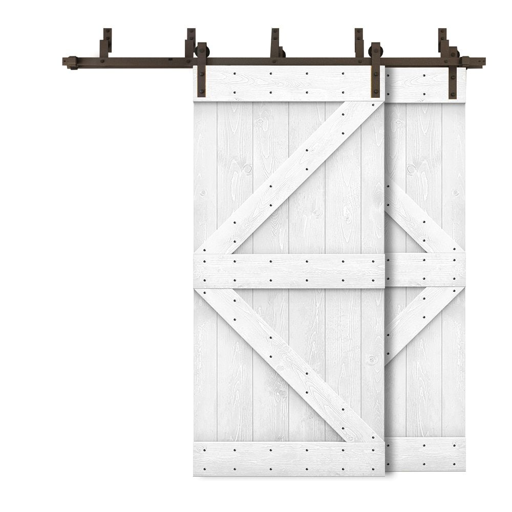 White Knotty Pine Double Bypass Barn Door with Oil-Rubbed Bronze Hardware