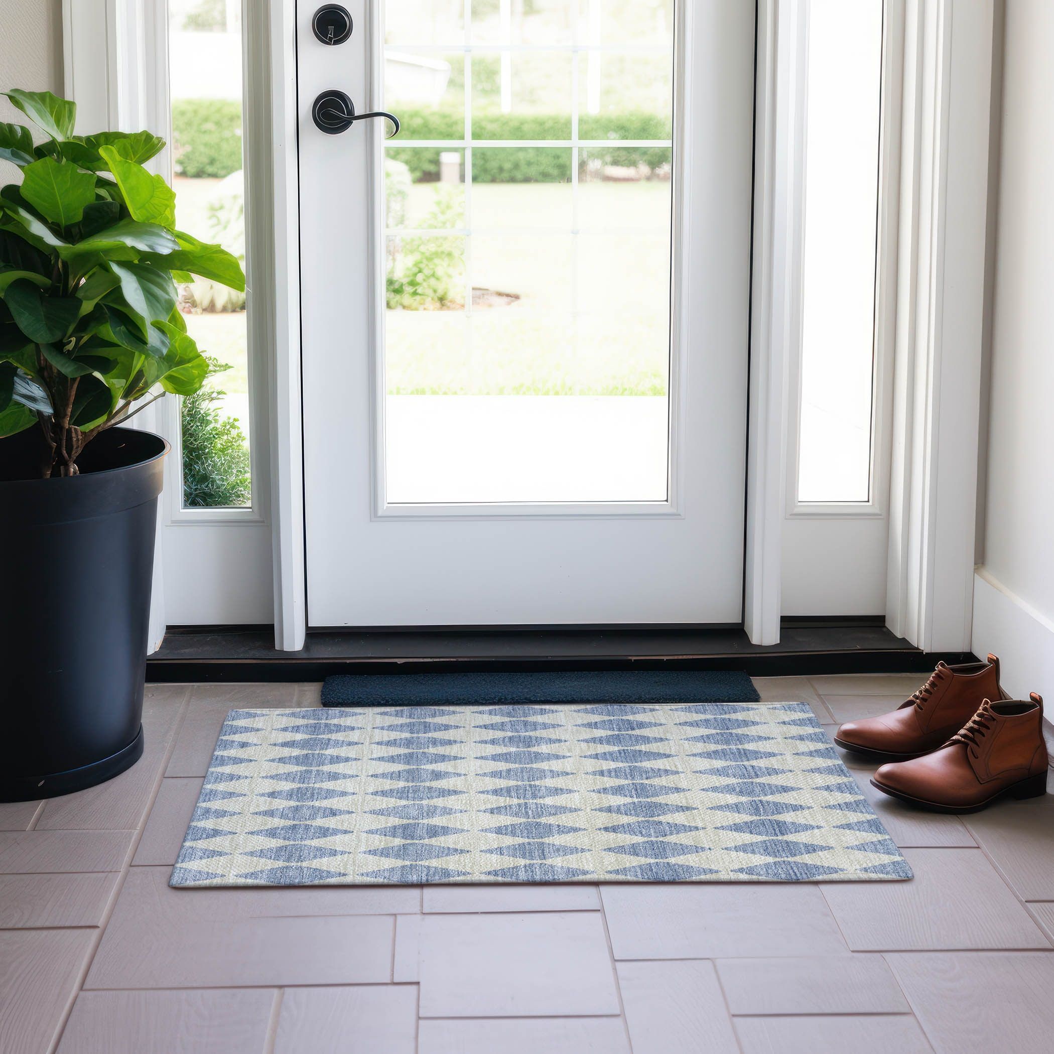 Sky Blue Diamond Pattern Washable Synthetic Rug 1'8"x2'6"