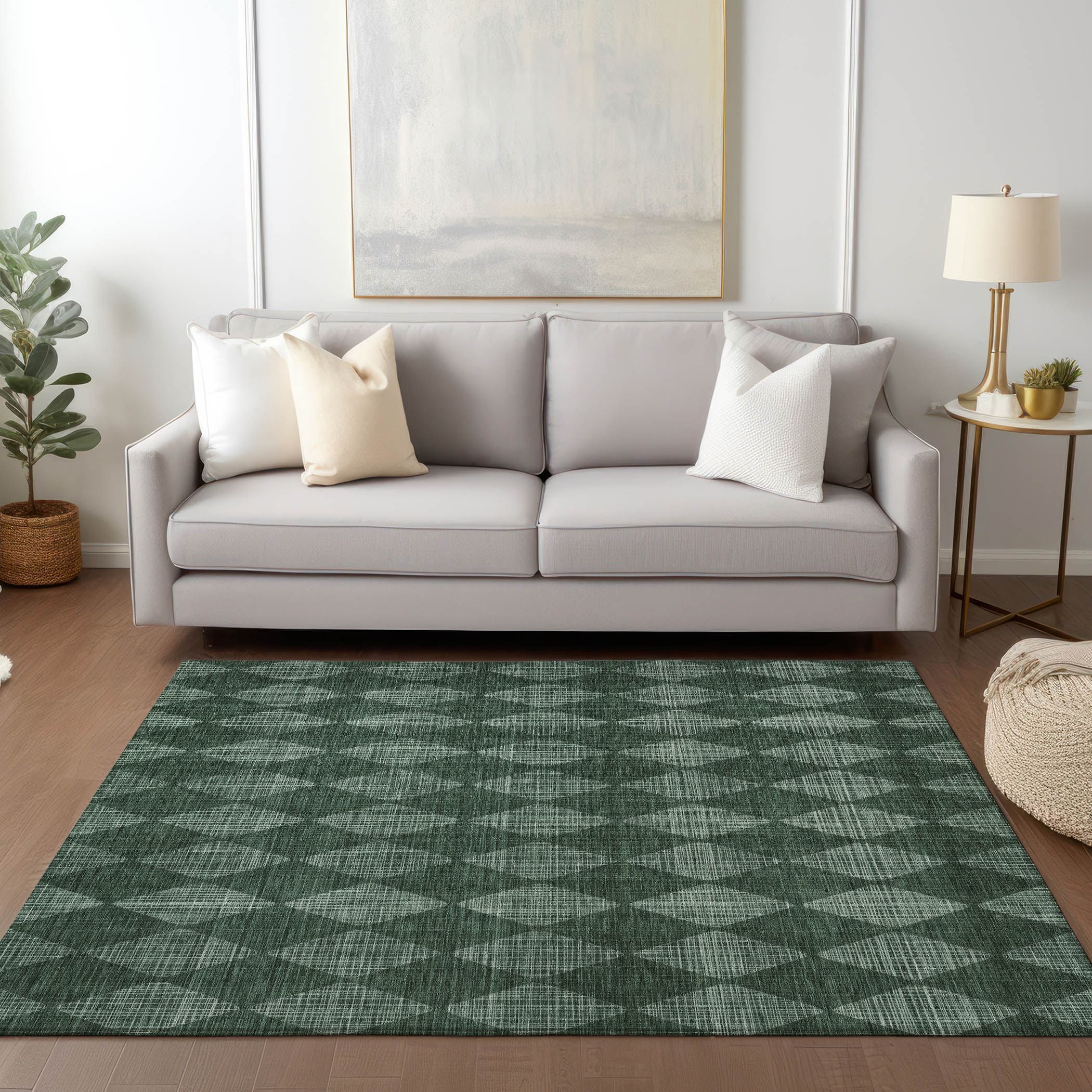 Olive Diamond Pattern Machine Washable Rectangular Rug