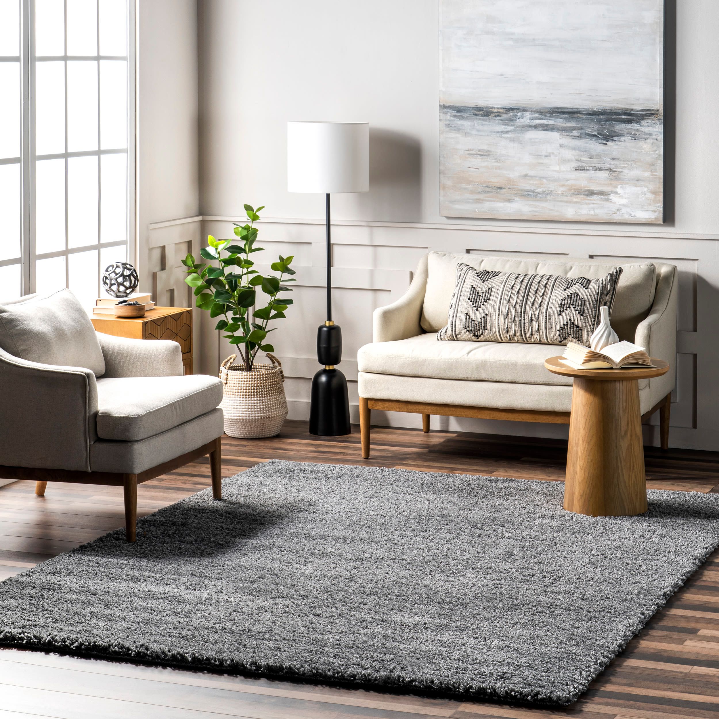 Luxurious Gray Shag 10' x 14' Synthetic Area Rug for High-Traffic Spaces