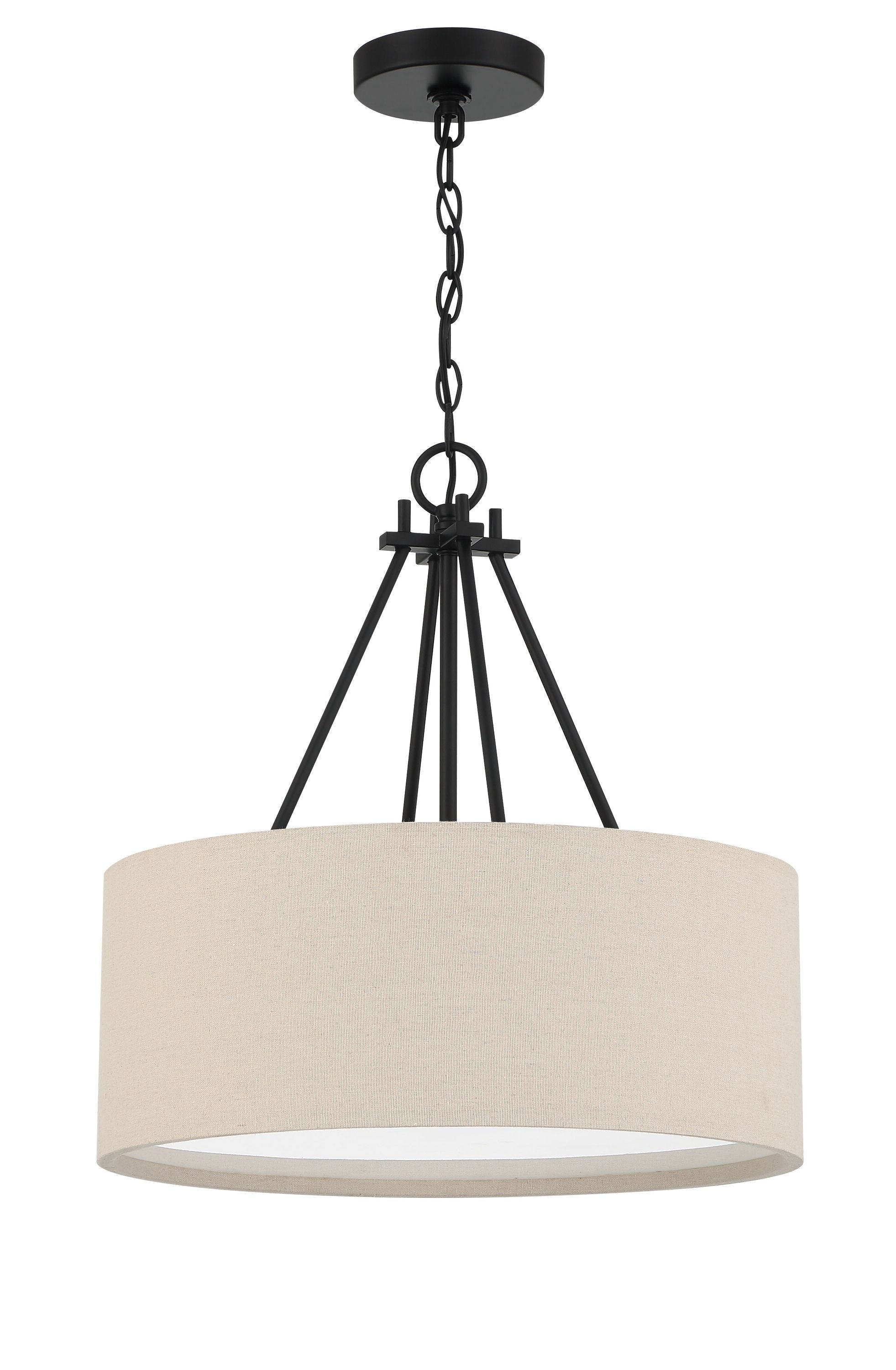 Duke Flat Black 3-Light Pendant with Beige Linen Drum Shade