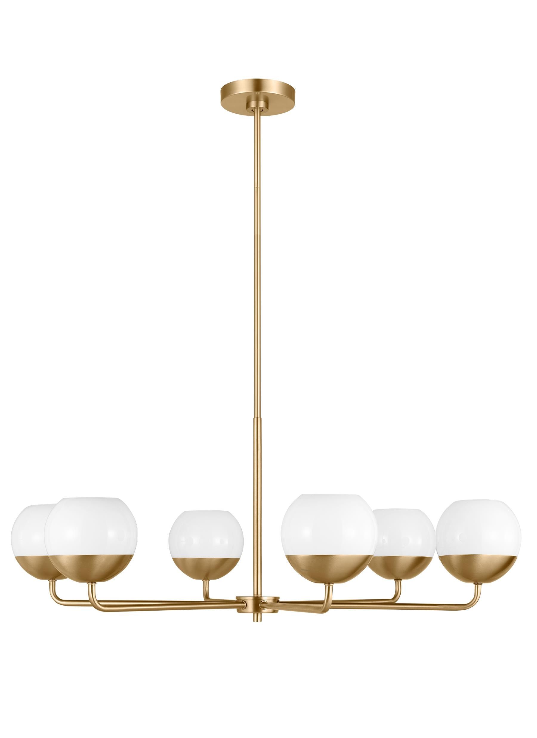 Alvin Satin Brass and Milk Glass 6-Light Chandelier