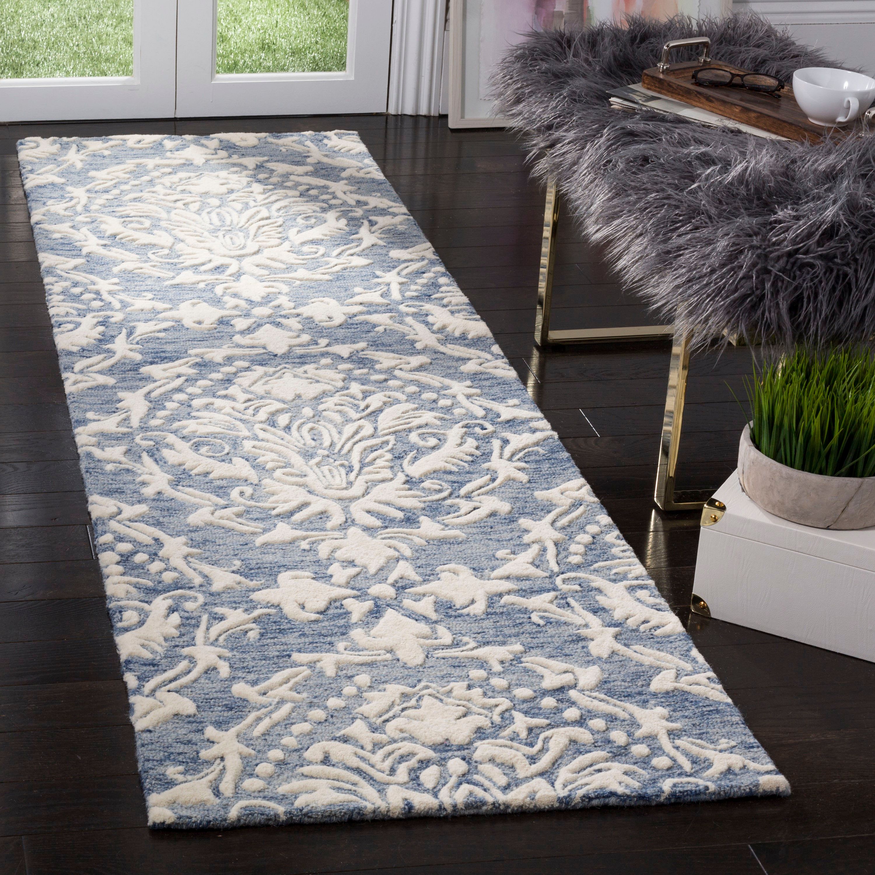 Elegant Blue Floral Hand-Tufted Wool Runner Rug 2'3" x 8'