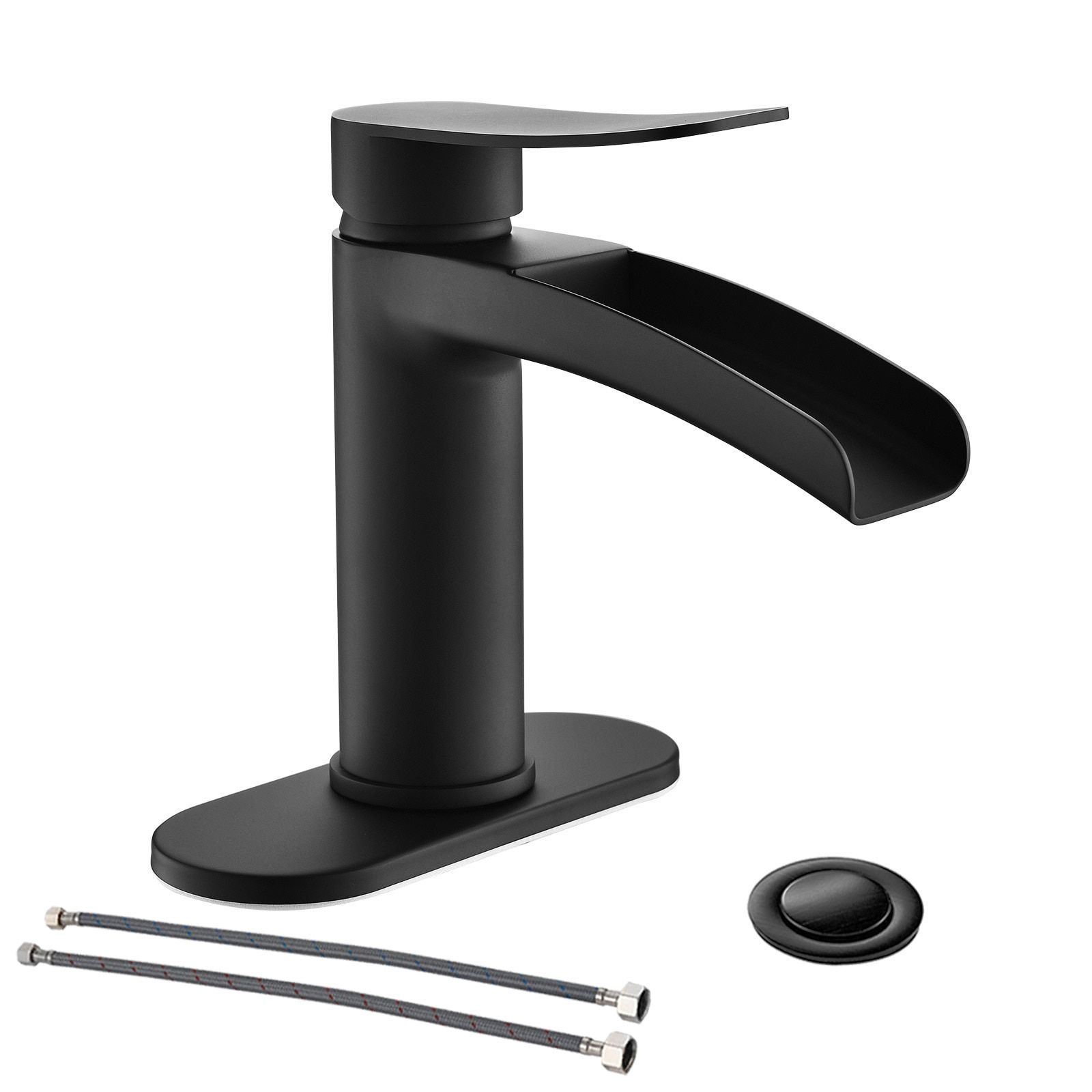 Matte Black Single Hole Waterfall Bathroom Faucet with Metal Drain Assembly