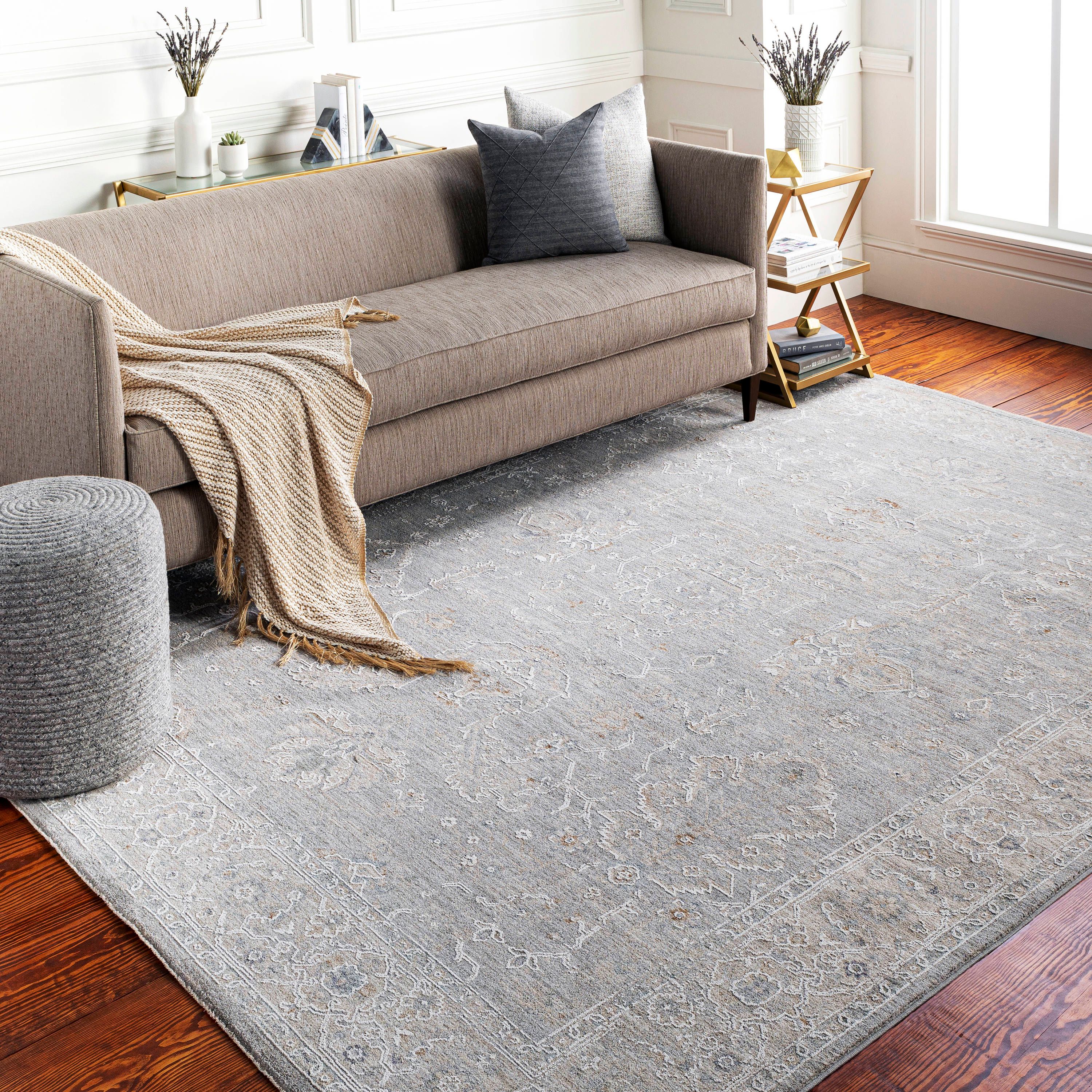 Elegant Gray Rectangular Easy-Care Cotton Blend Rug