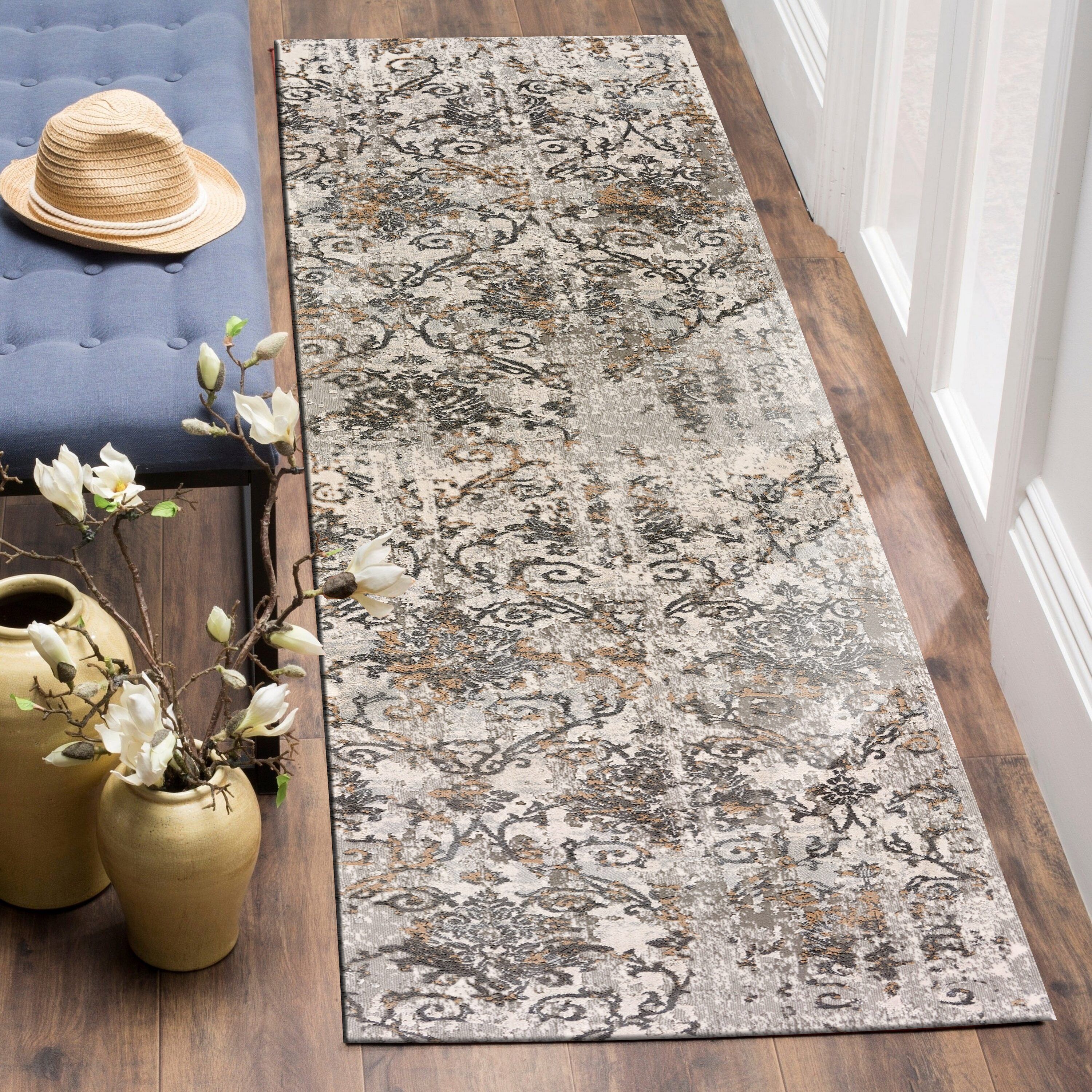 Cream and Taupe Hand-Knotted Synthetic Runner Rug, 2'2" x 7'7"