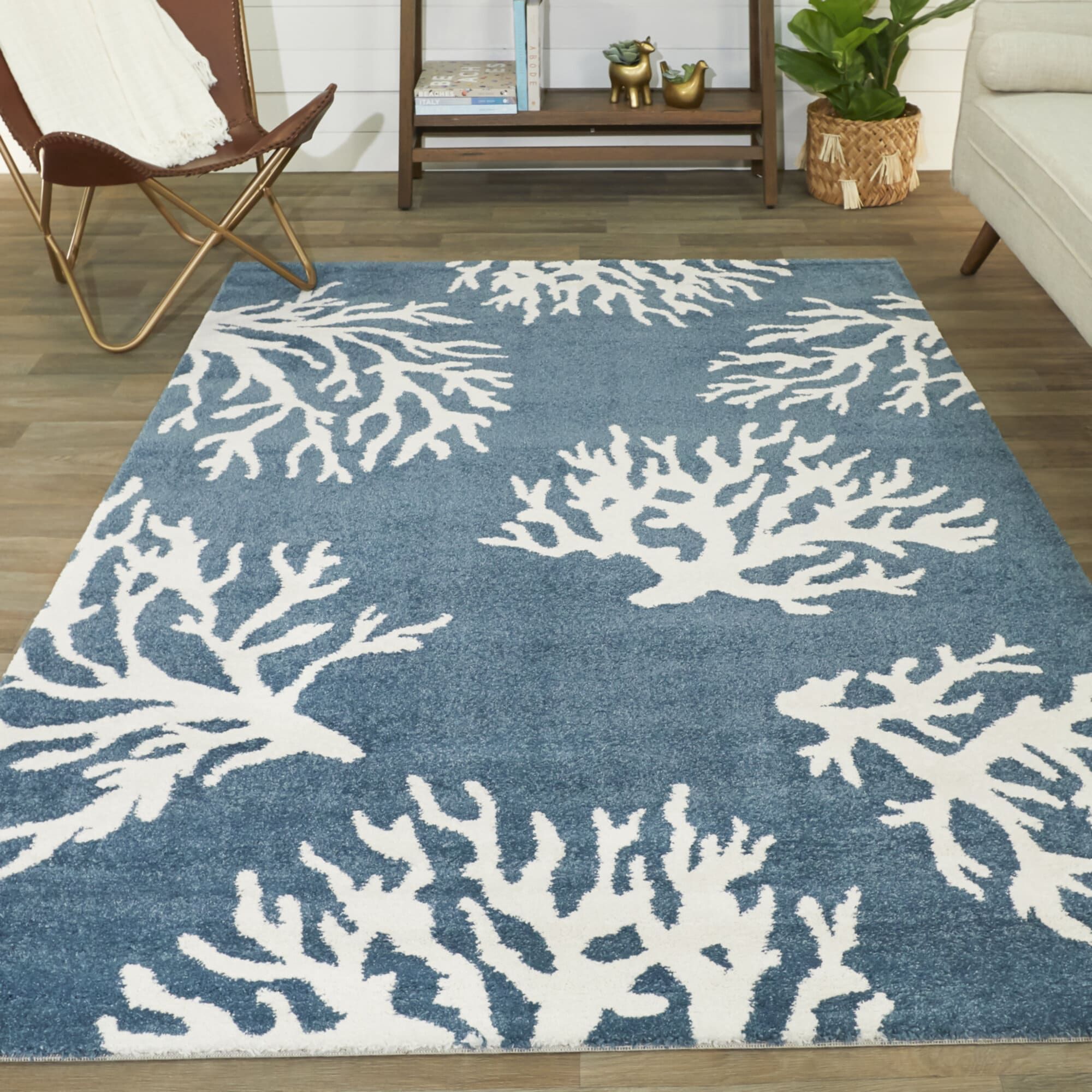 Coastal Blue and White Synthetic Coral Pattern Runner Rug