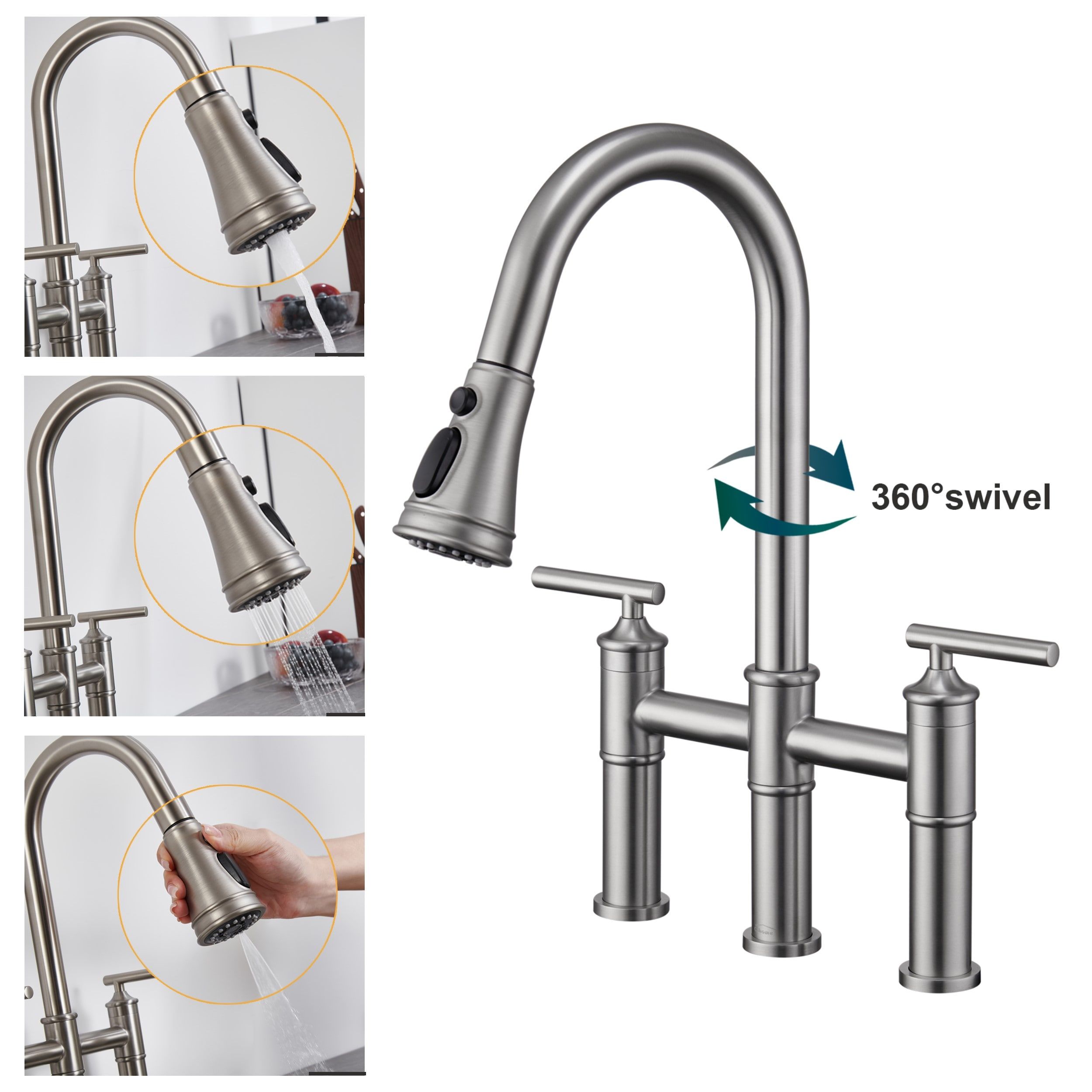 Brushed Nickel Double Handle Bridge Kitchen Faucet with Pull-Out Spray