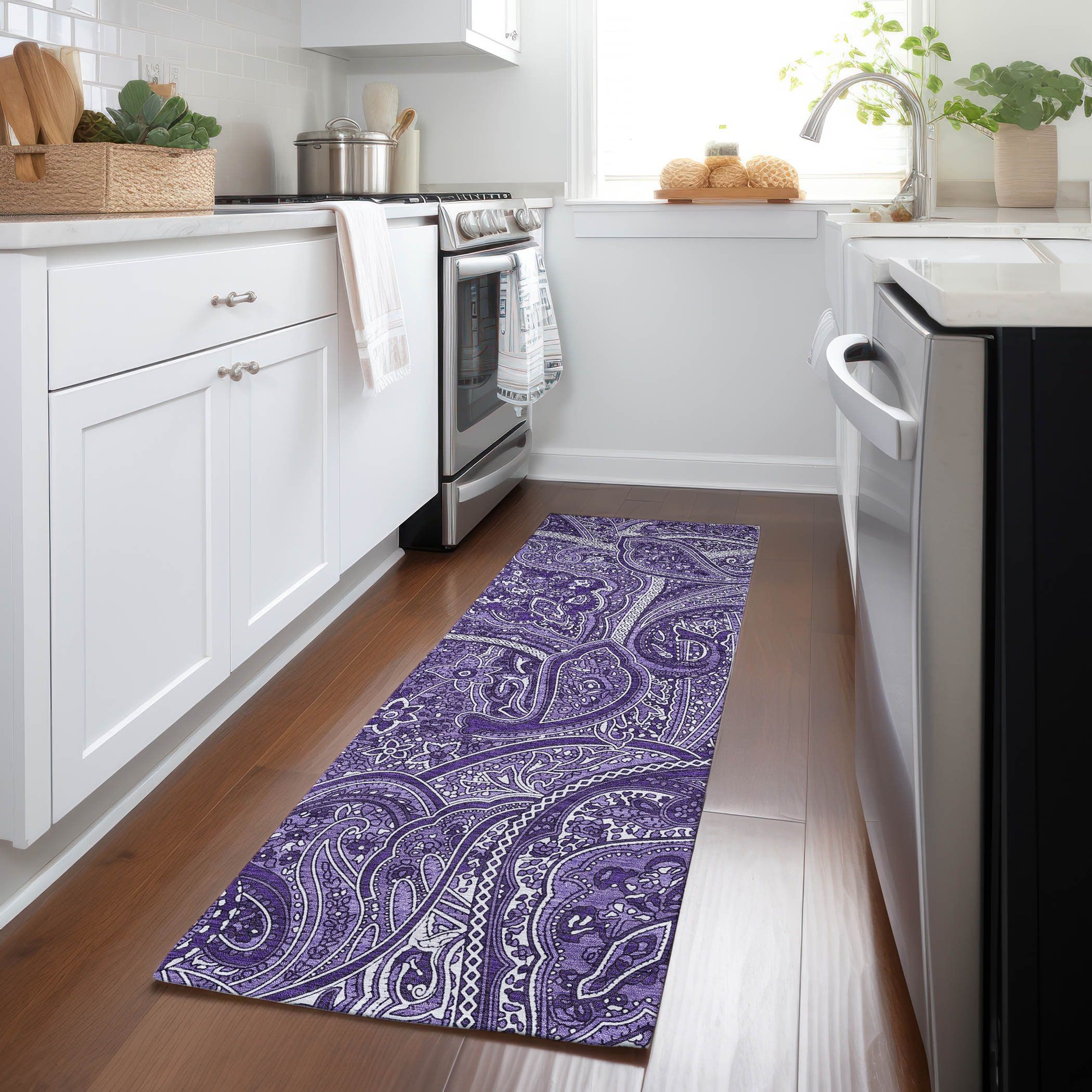 Addison Purple Paisley Synthetic Washable Runner Rug
