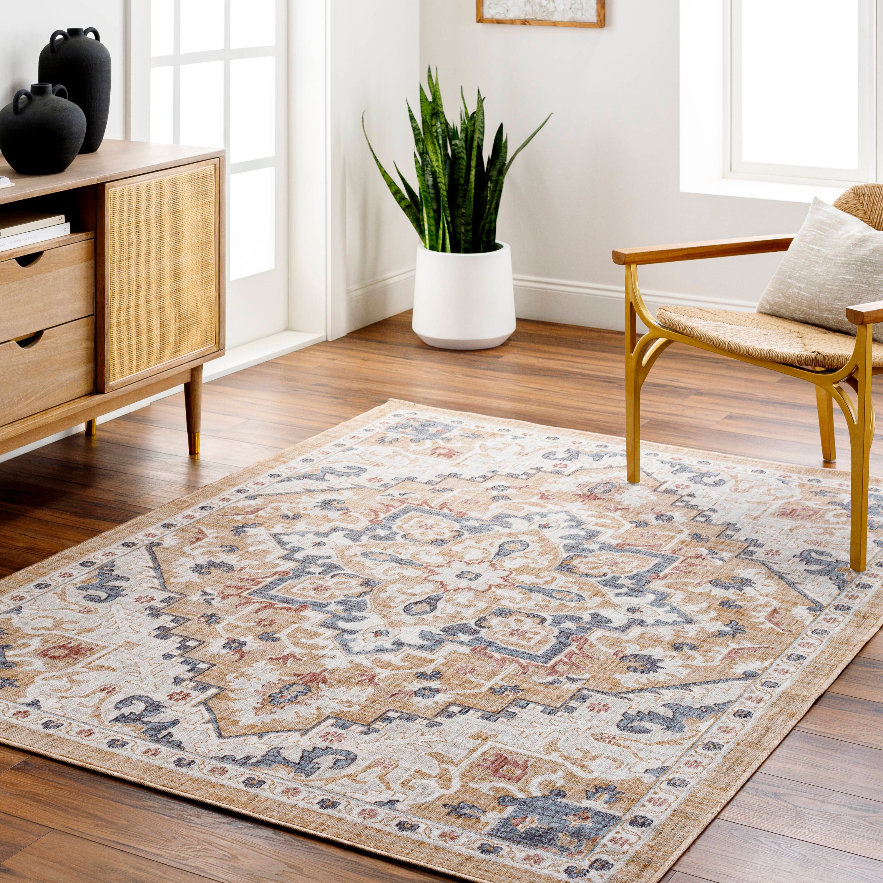 Blue Blossom Vintage-Style 5'3" x 7' Recycled Material Rug