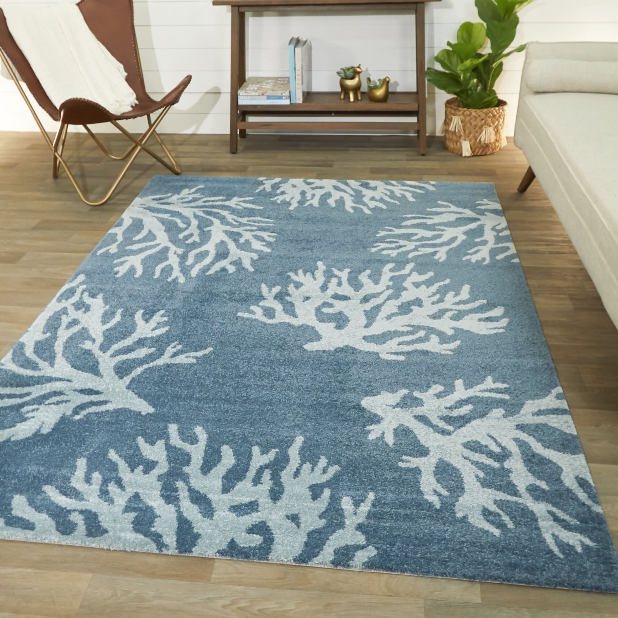 Blue Coral Print Microfiber Runner Rug