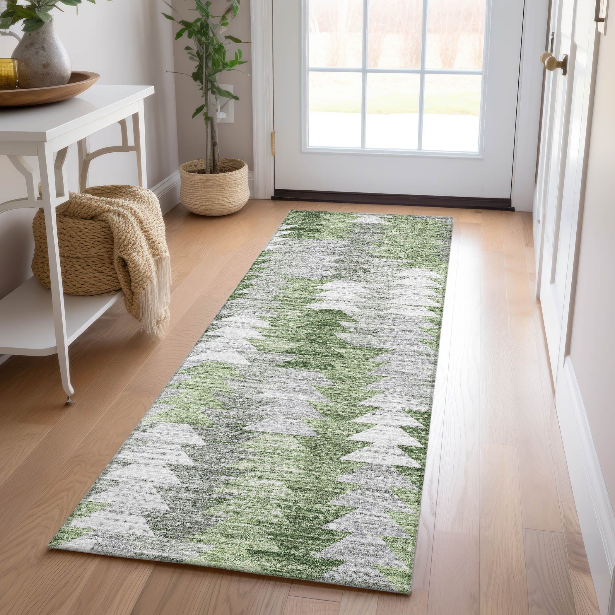 Green and Gray Synthetic Flat Woven Runner Rug