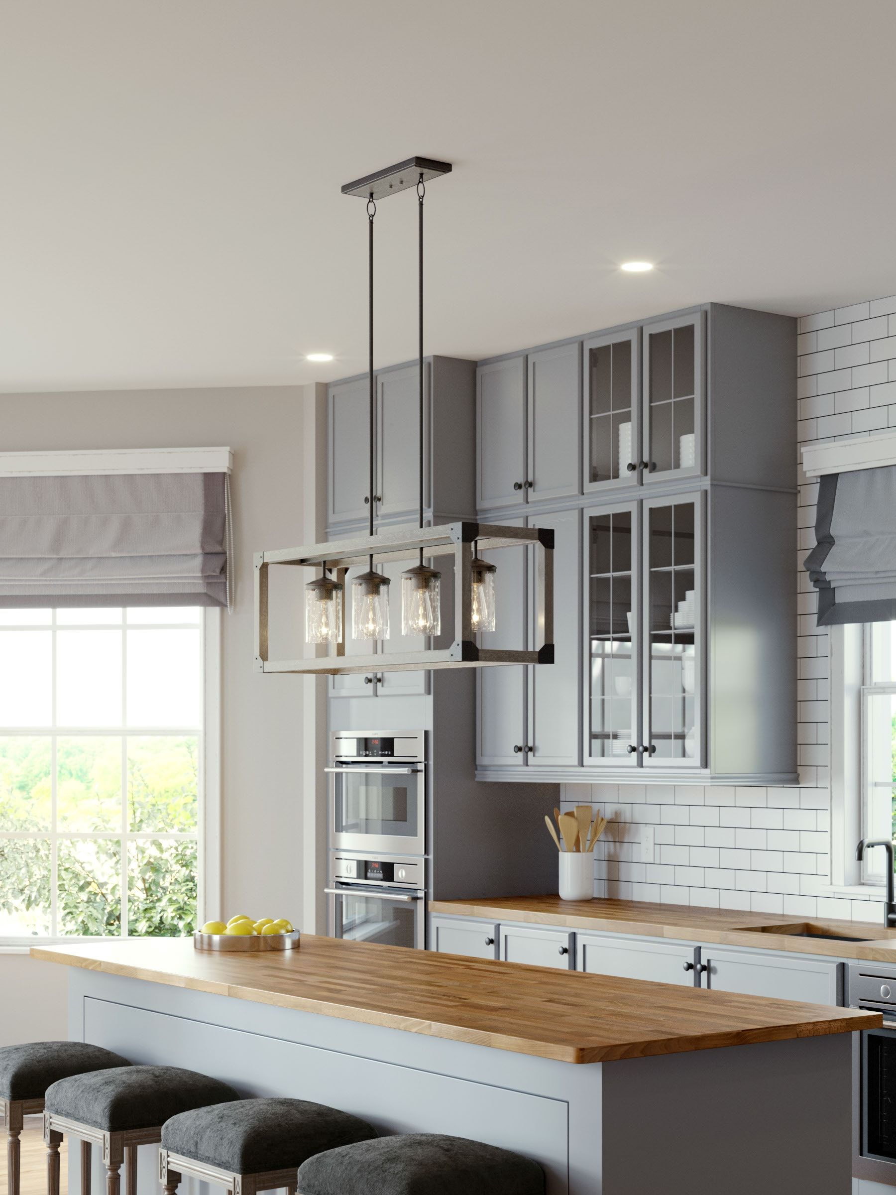 Stardust Finish Four-Light Island Pendant with Creme Parchment Glass