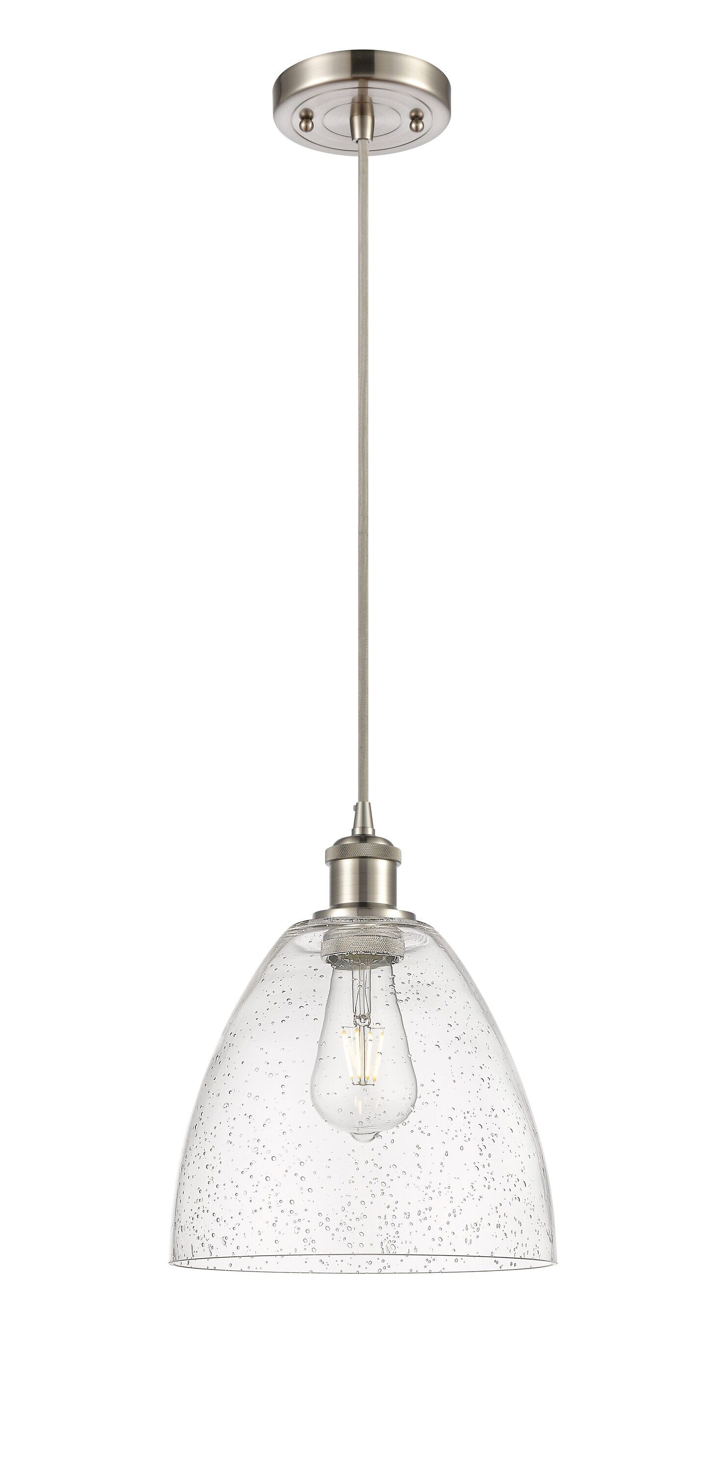 Satin Nickel 9" Mini Pendant Light with Seedy Glass Shade