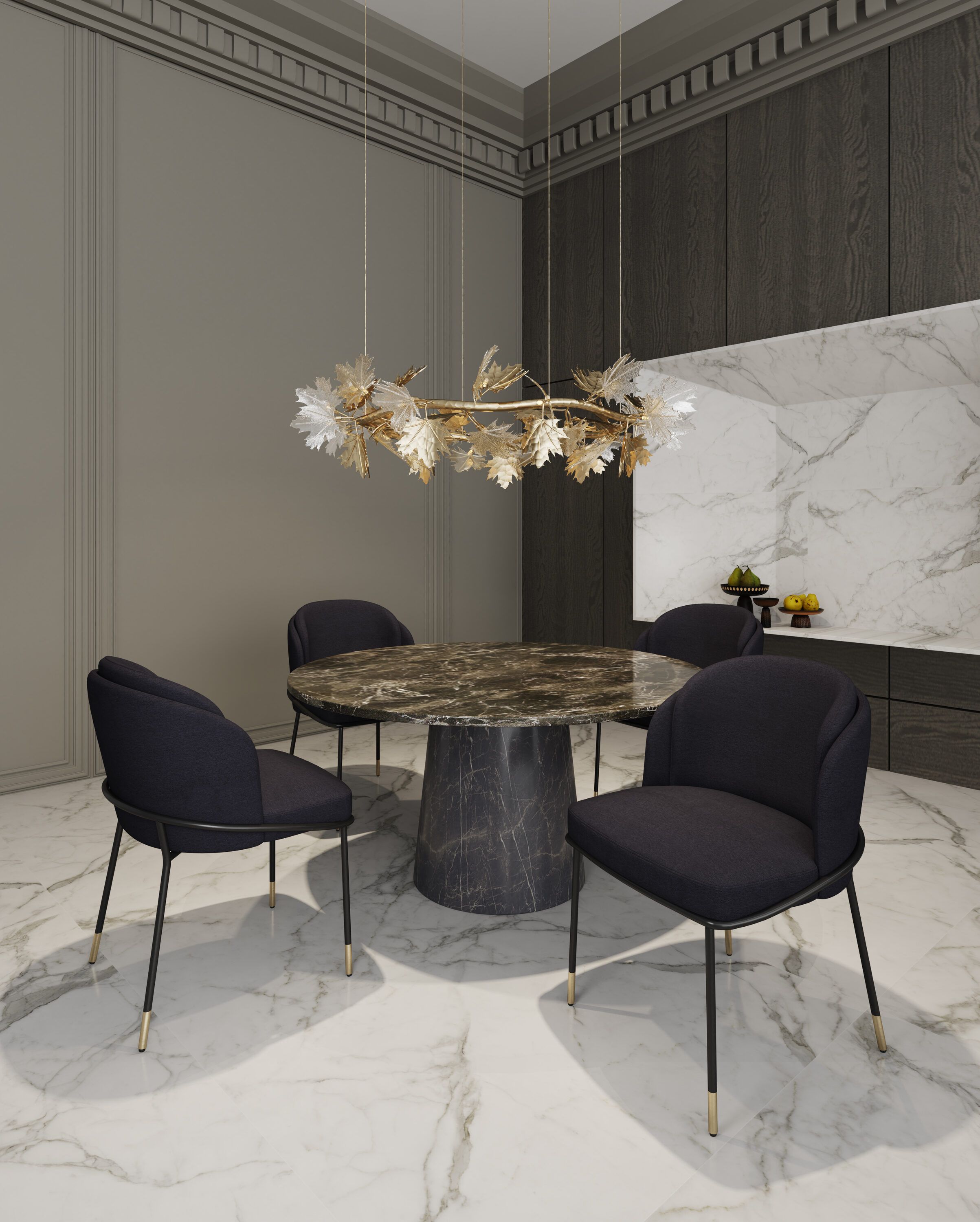 Flor Low Winged Black Linen Side Chair with Metal Legs