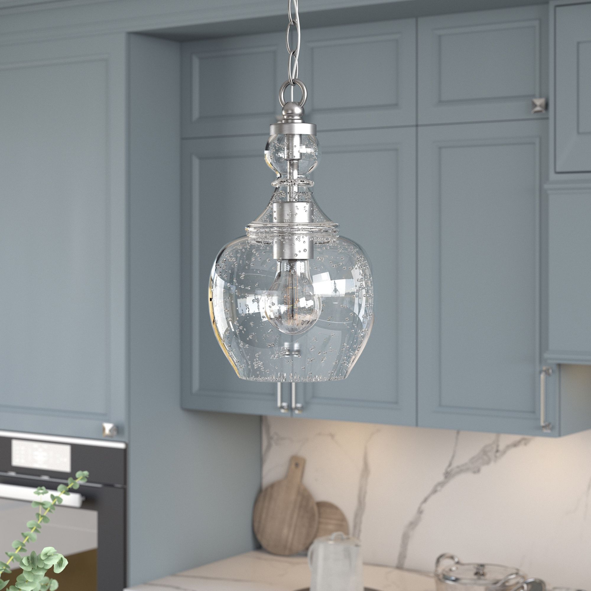 Verona Mini Drum Pendant Light in Brushed Nickel with Seeded Glass Shade