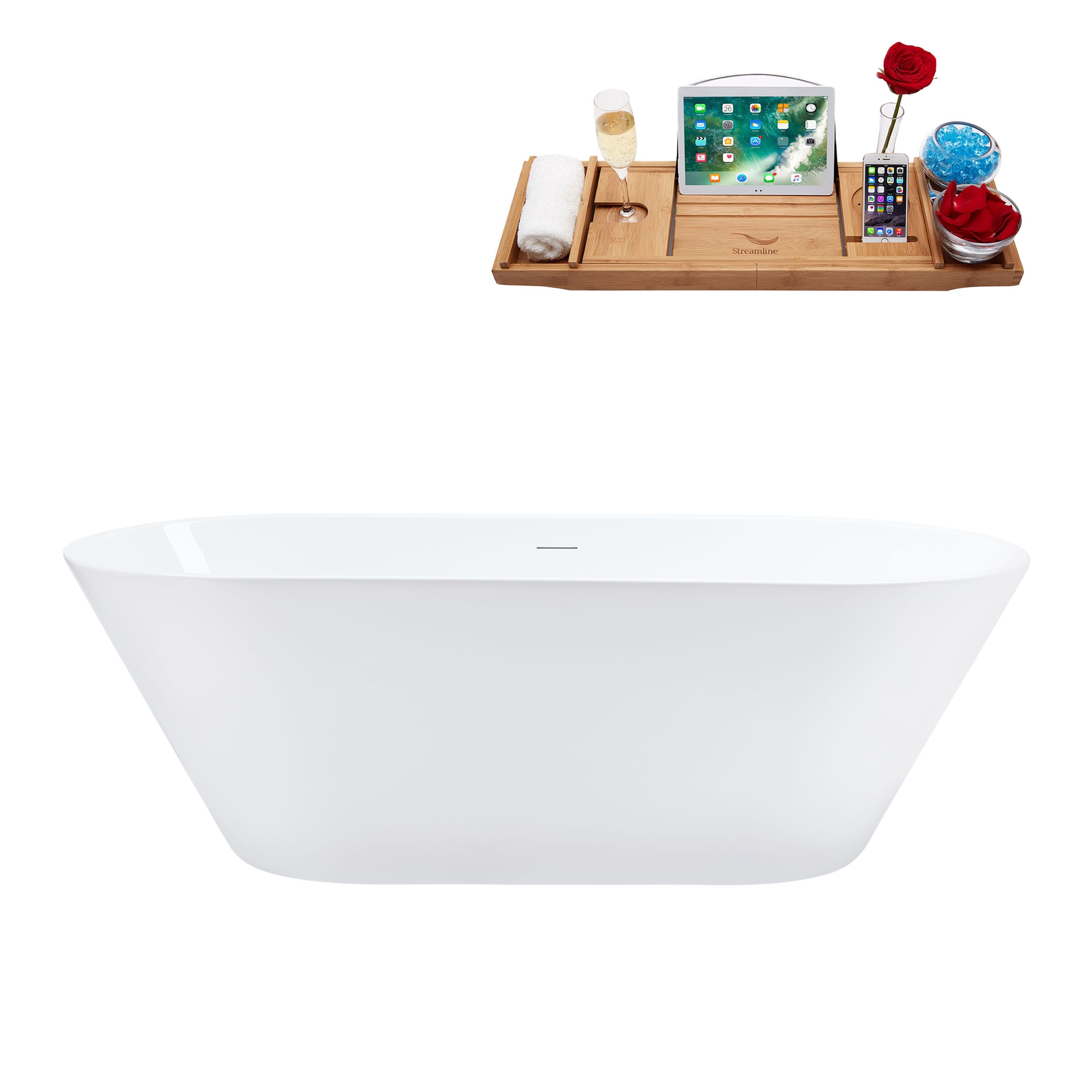 70-Inch Glossy White Acrylic Freestanding Bathtub with Matte Black Drain