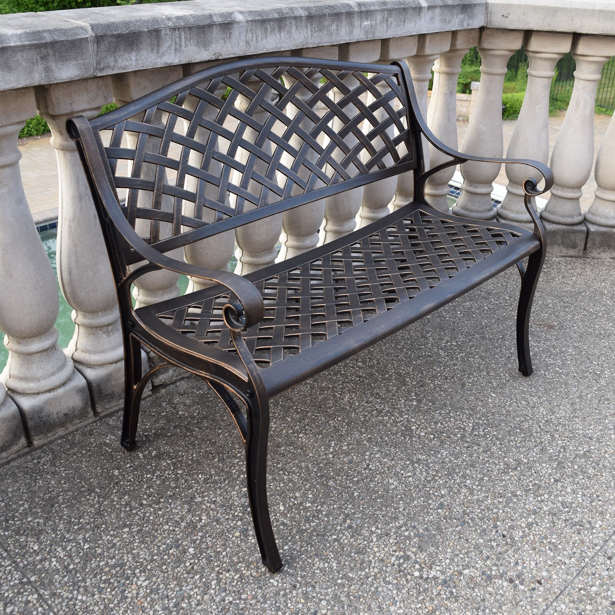 Modern Cast Aluminum Patio Bench Loveseat in Bronze Finish