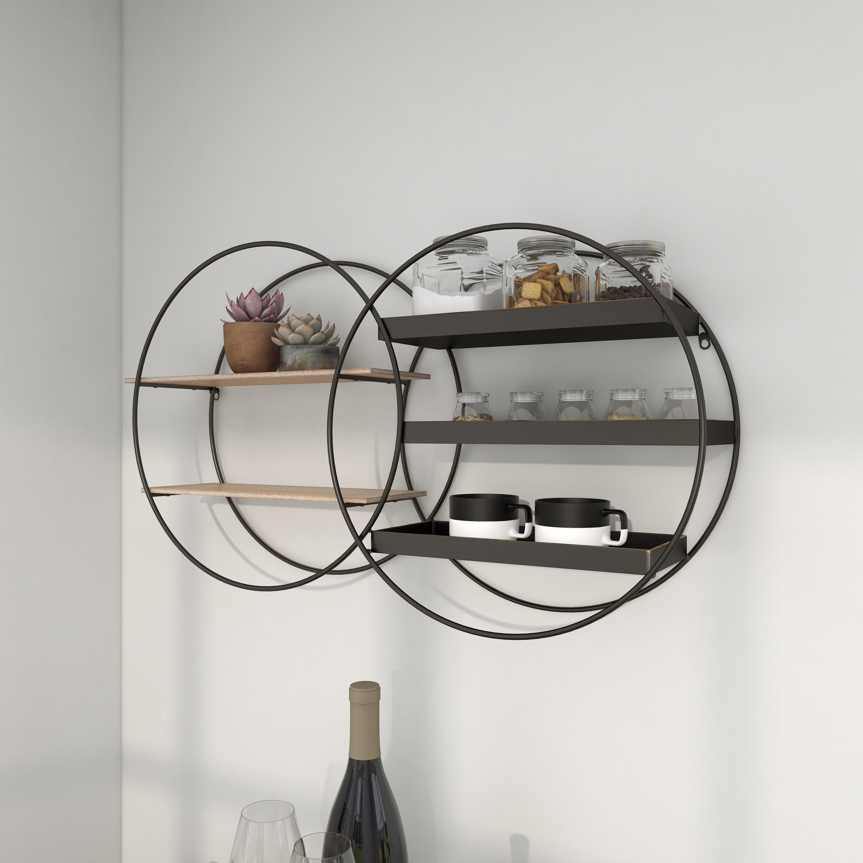 Black Iron and Dark Wood Circular Floating Wall Shelf