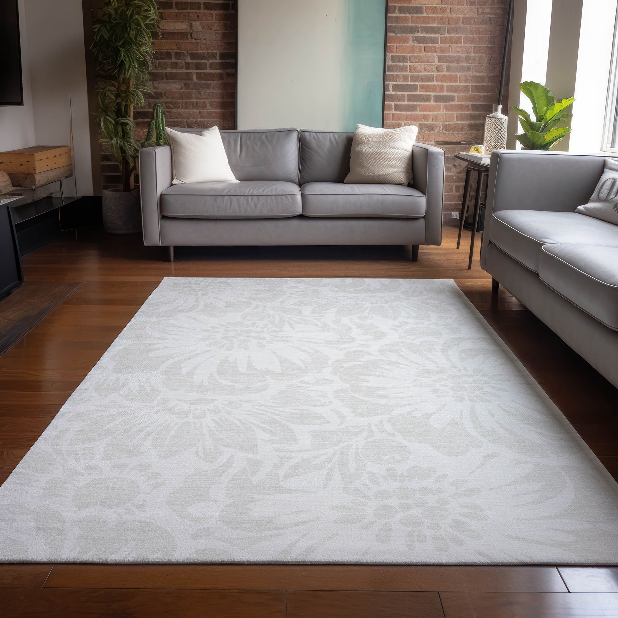 Ivory Floral Synthetic Washable Rectangular Rug 2'6" x 3'10"