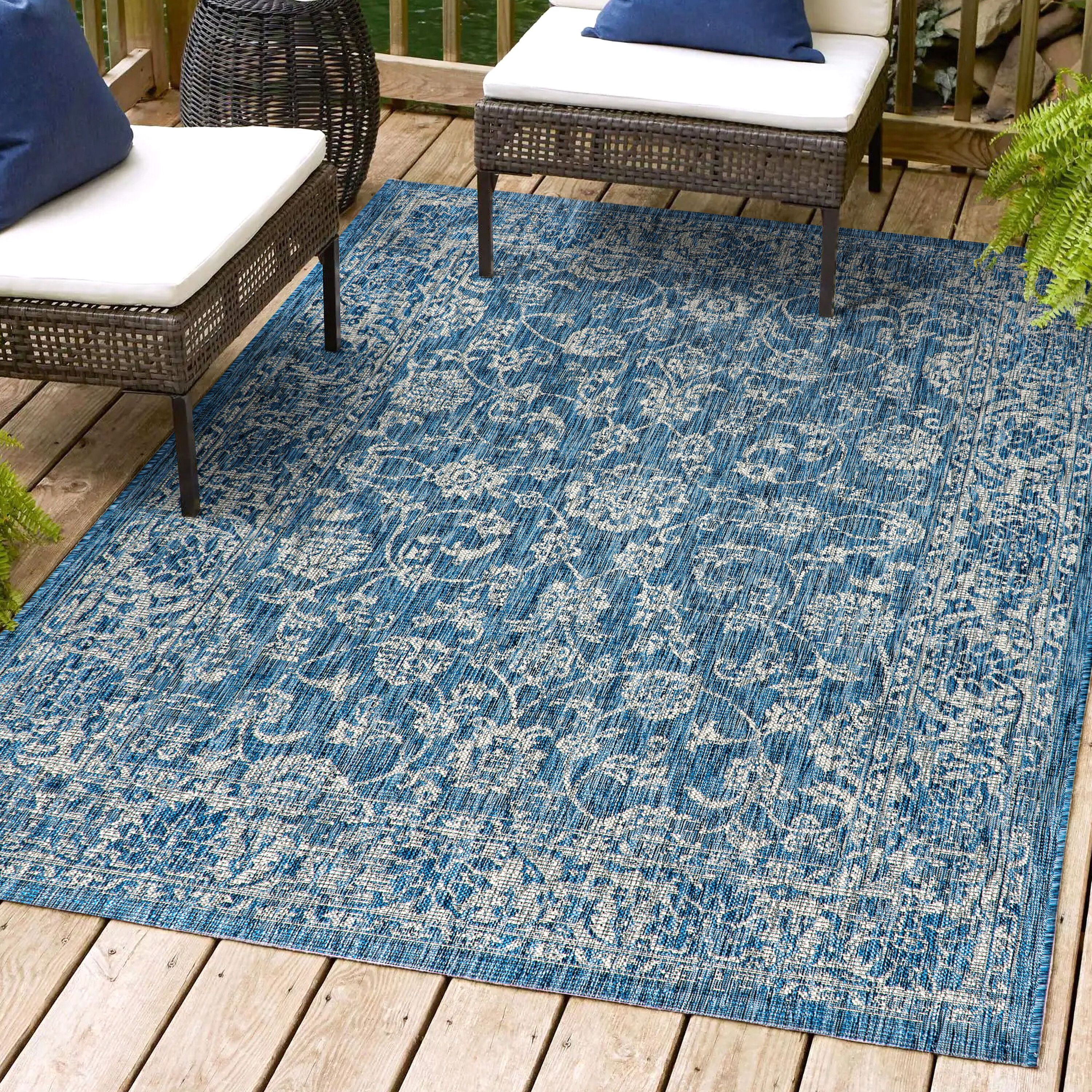 Navy and Gray Floral Synthetic 4' x 6' Reversible Area Rug