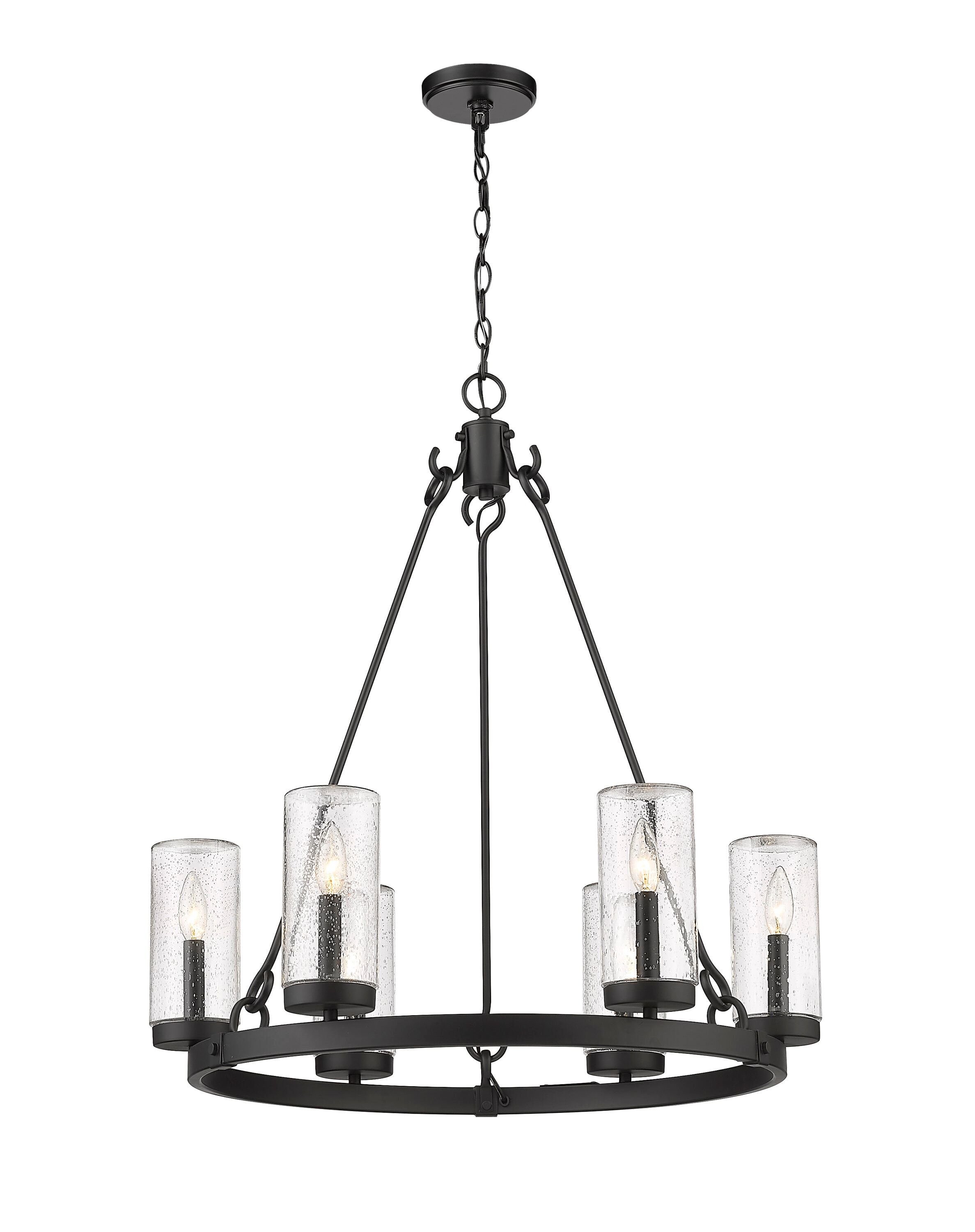 Marlow Matte Black Steel 6-Light Outdoor Pendant with Clear Seedy Glass