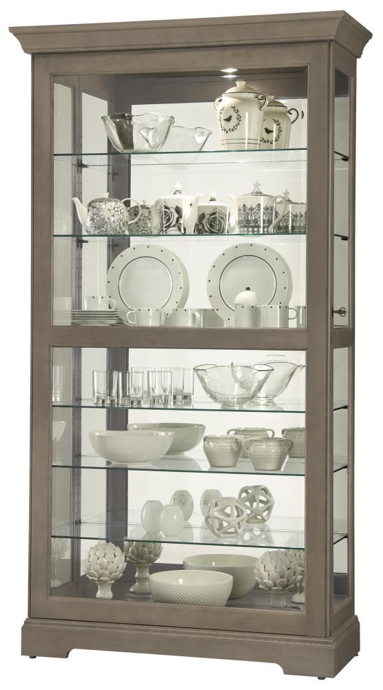 Transitional Gray-Brown Lighted Curio Cabinet with Adjustable Shelves