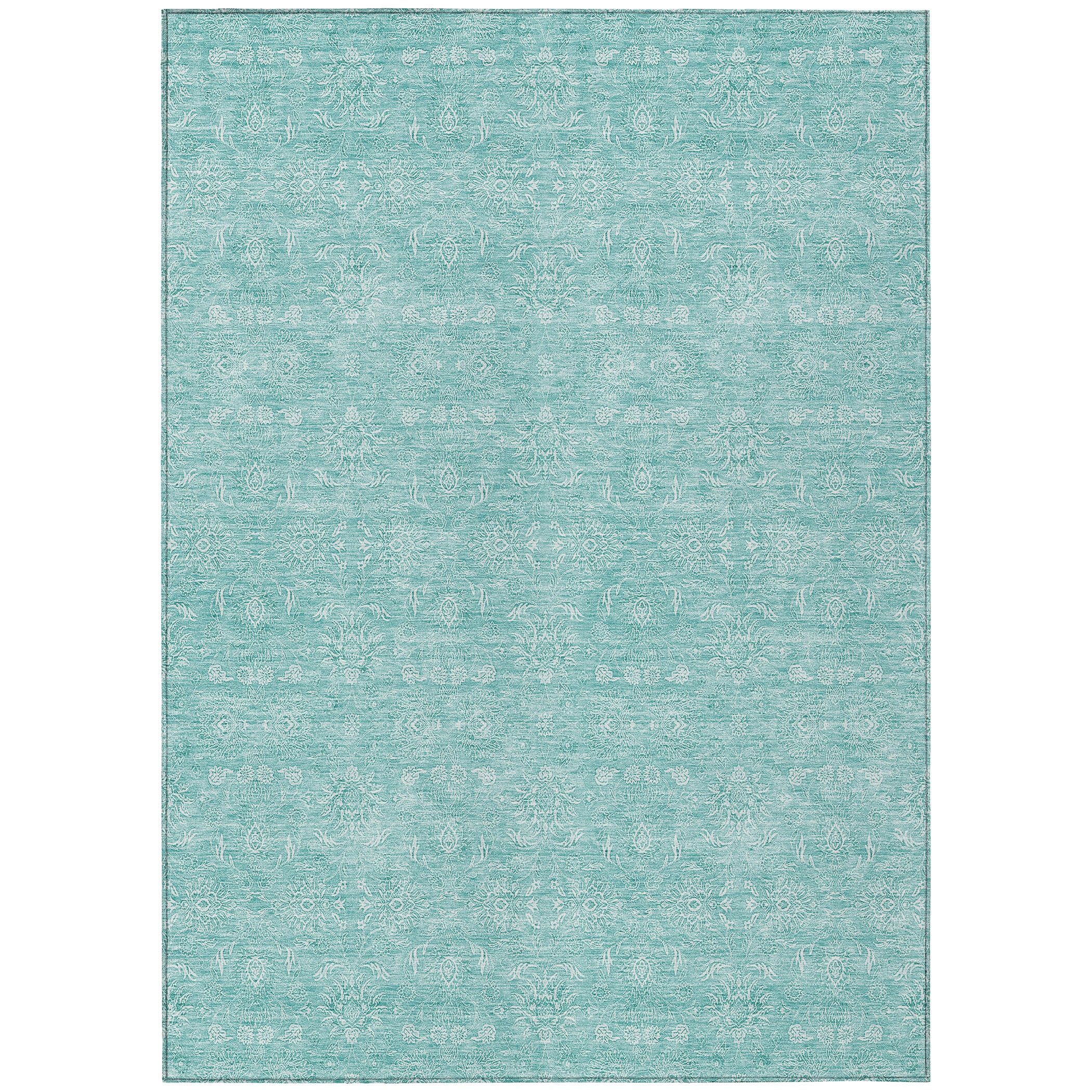 Aqua Floral Synthetic 8' x 10' Washable Area Rug