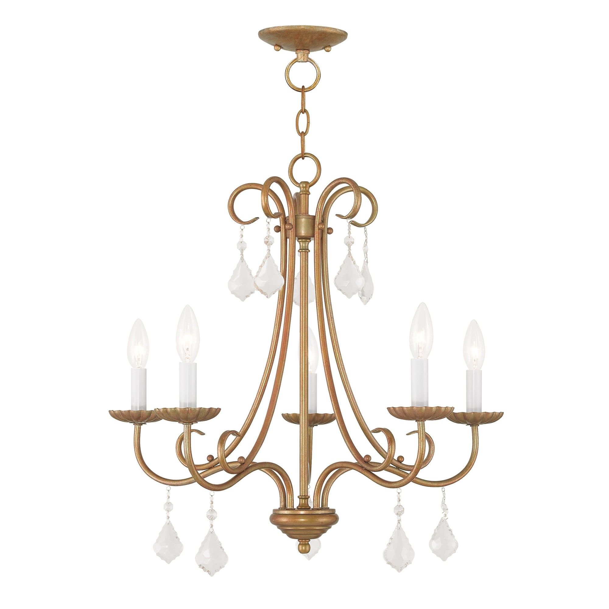 Antique Gold Leaf 5-Light Chandelier with Teardrop Crystals