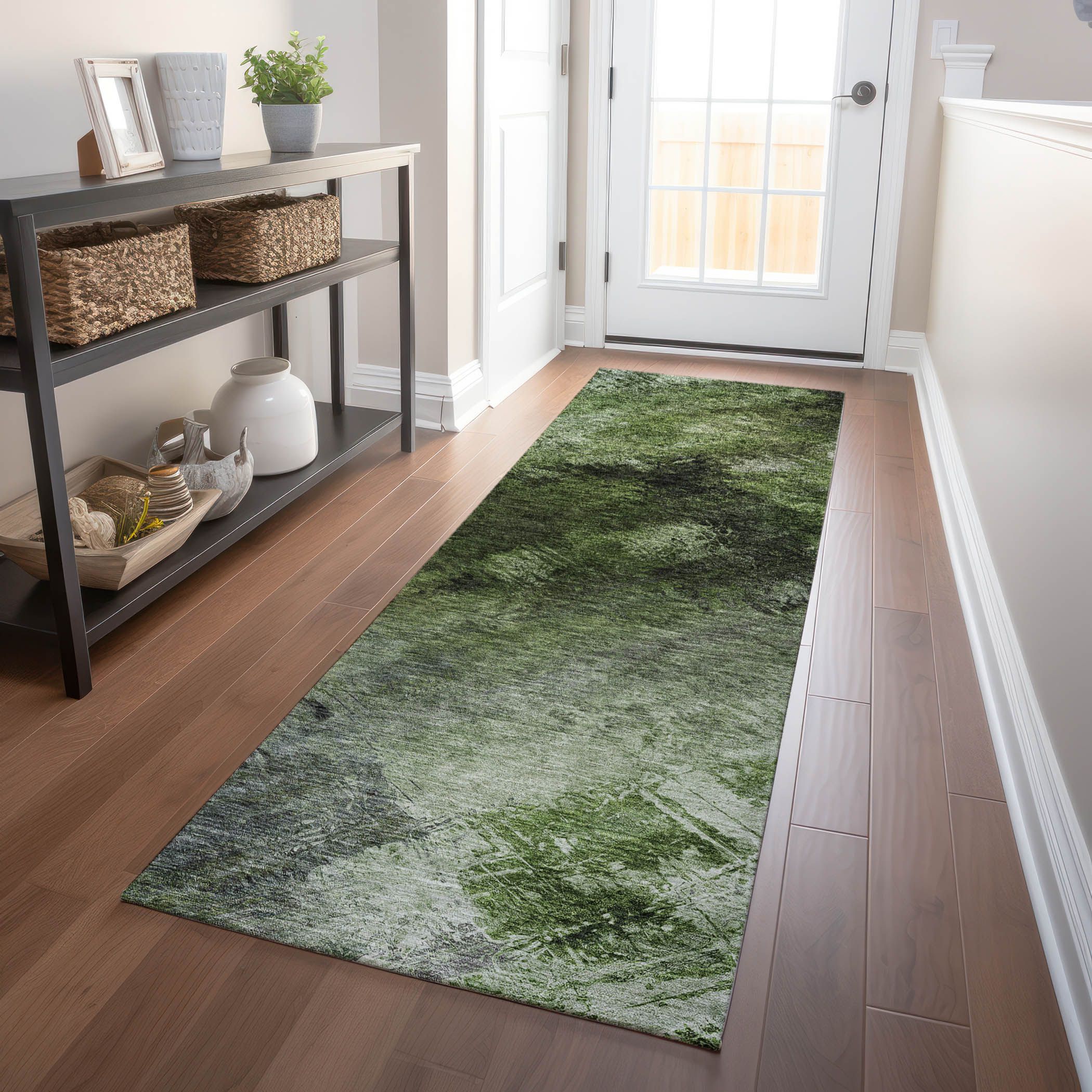 Green Synthetic Flat Woven Reversible Runner Rug