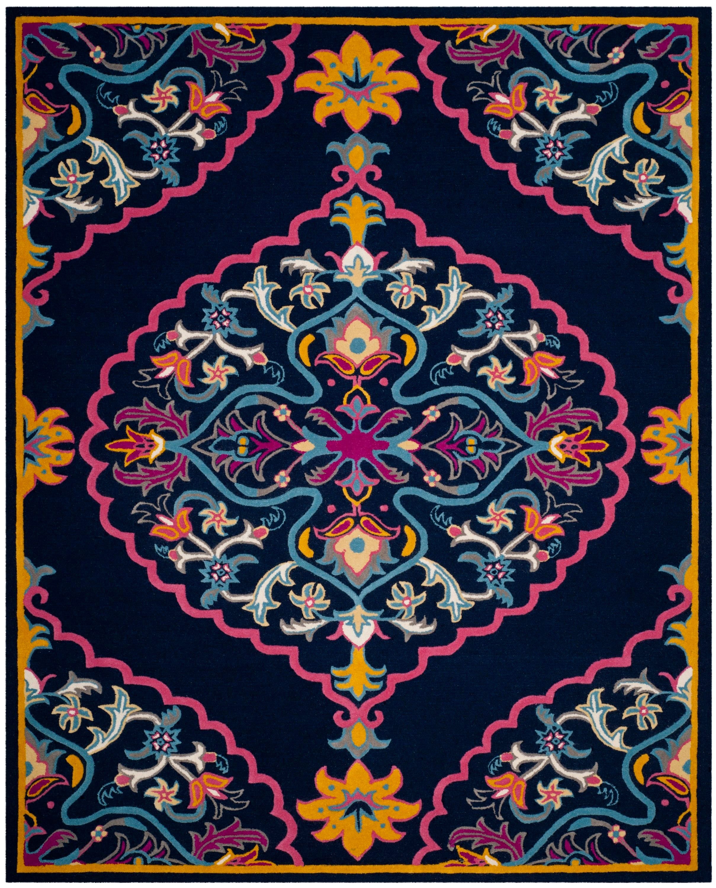 Navy Blue and Multicolor Wool Silk 8' x 10' Handmade Area Rug